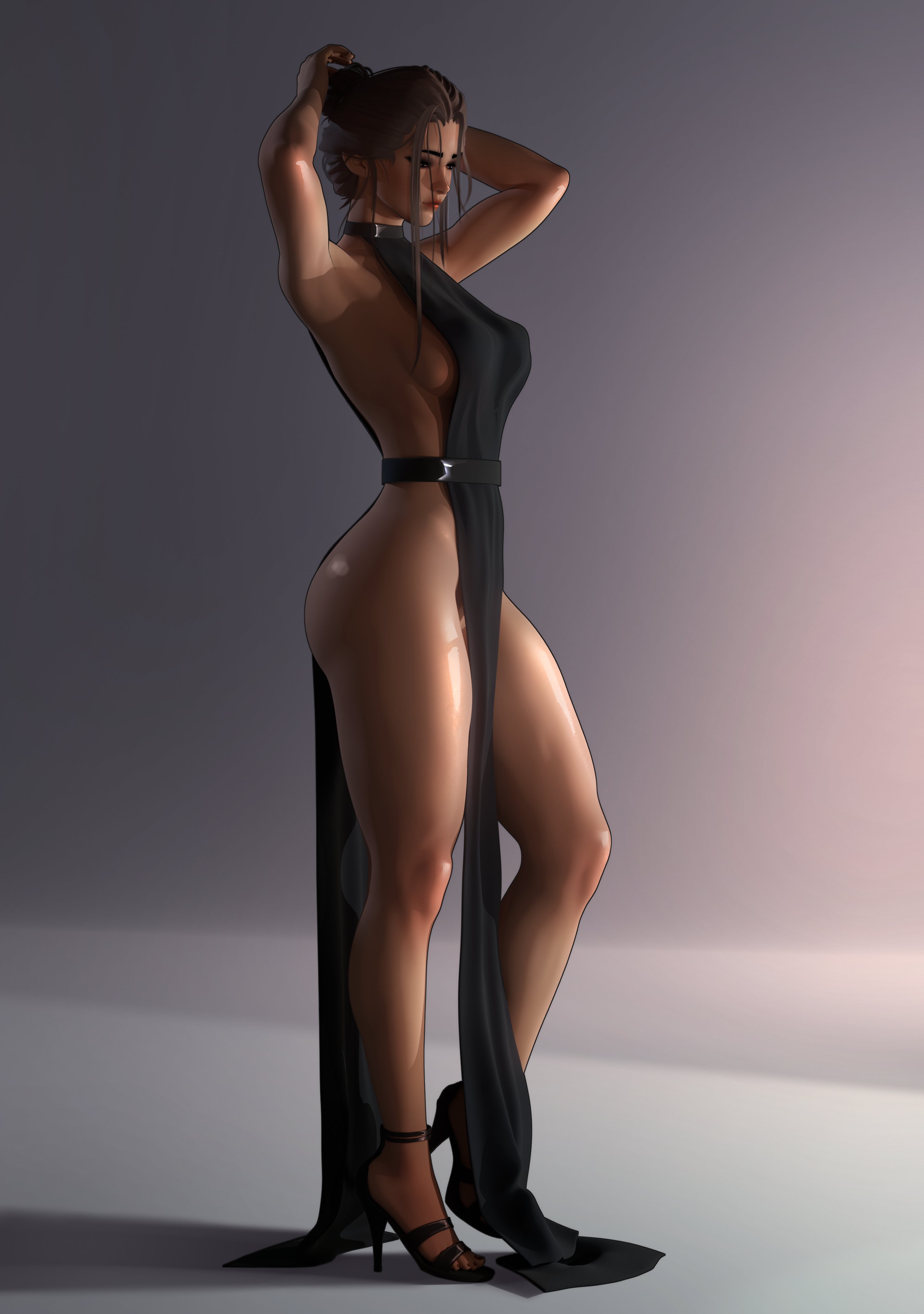 1girls, 3d (artwork), artpointup, ass, breasts, brown hair, clothing, dress, female, female only, hair bun, high heels, large ass, light skin, light-skinned female, medium breasts, open toe heels, open toe shoes, original, original character, revealing dress, simple background, solo, tagme, thick thighs, thighs