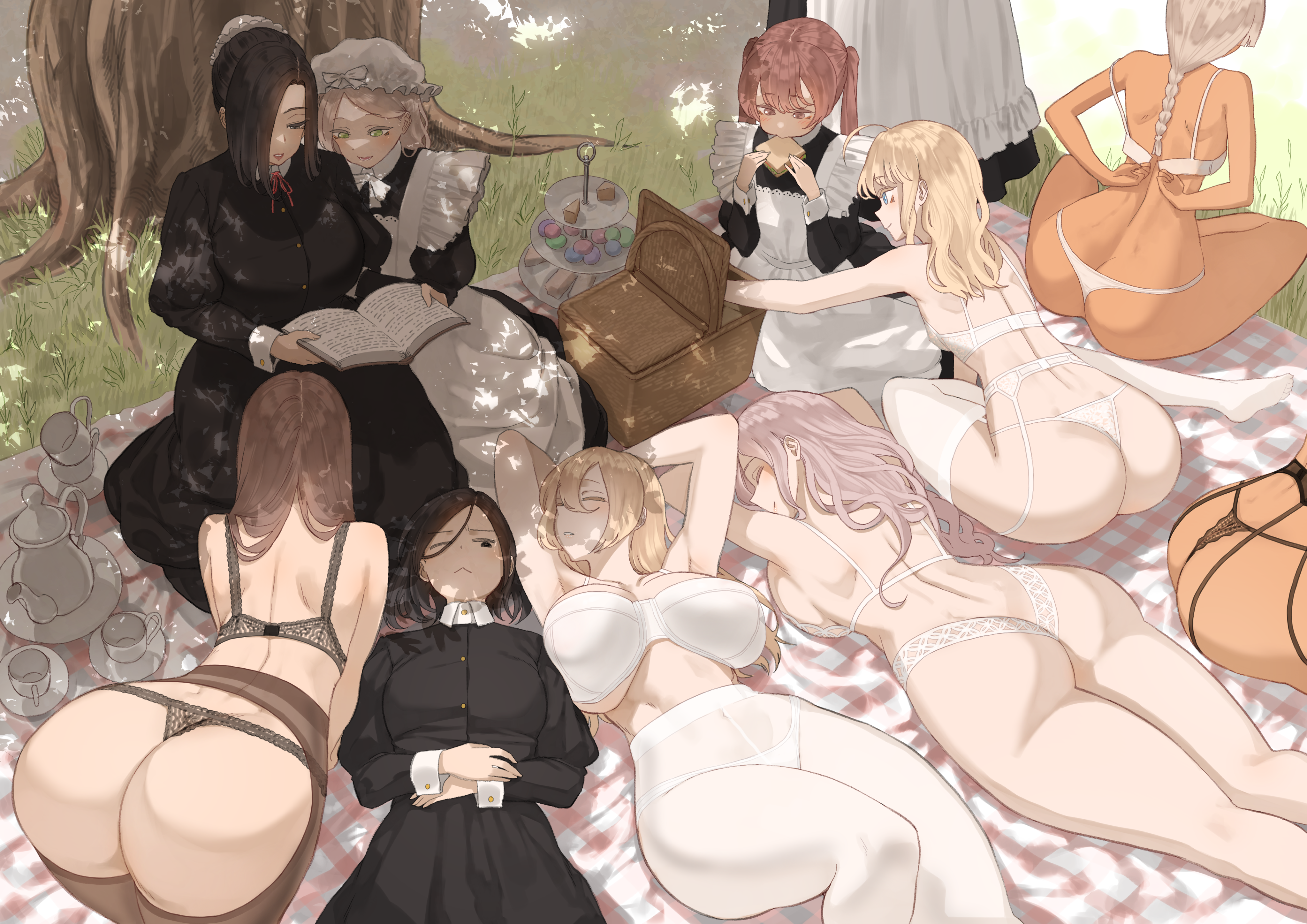 6+girls, apron, ass, back, basket, black bra, black dress, black hair, black panties, blanket, blonde hair, book, bra, braid, breasts, brown eyes, brown hair, cg, closed eyes, cup, dappled sunlight, dark skin, dark-skinned female, dress, female, food, garter belt, glasses, green eyes, hat, high-waist pantyhose, holding, huge breasts, large breasts, lingerie, long hair, long sleeves, lying, maid, maid apron, maid headdress, mob cap, multiple females, multiple girls, on back, outdoors, panties, panties under pantyhose, pantyhose, picnic basket, short hair, sitting, sleeping, teacup, teapot, thighhighs, thong, throtem, tree, tree shade, twintails, underwear, underwear only, white bra, white panties, white pantyhose, white thighhighs