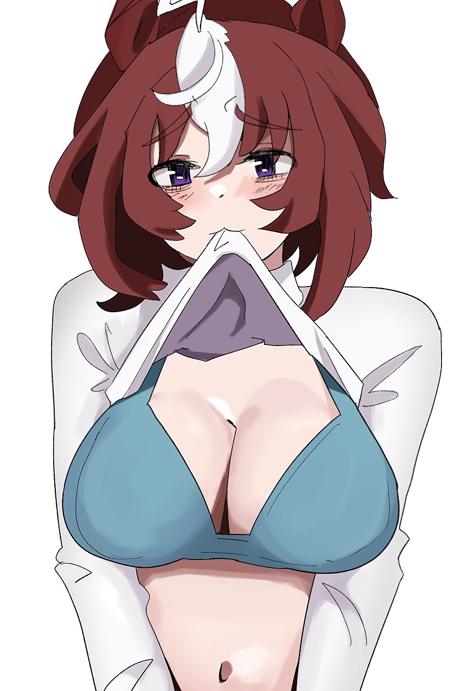 :3, big breasts, blue bra, breasts, female, horse girl, lifting own clothes, lifting shirt, meisho doto (umamusume), shy, umamusume, umamusume pretty derby