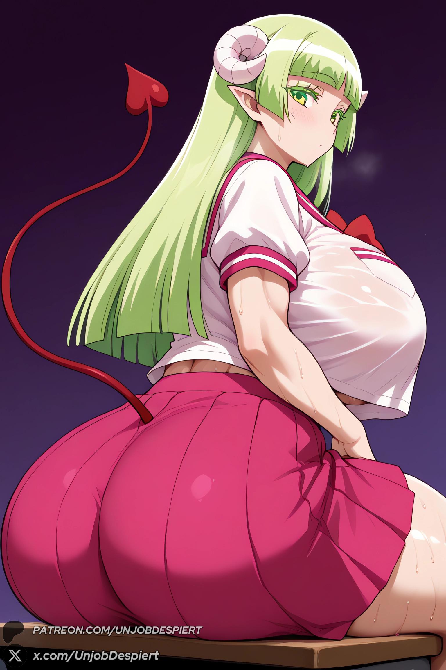 1female, 1girls, 2025, ai generated, artist name, ass, bangs, big ass, big breasts, blush, breasts, curled horns, curvy, demon girl, demon horns, demon tail, female, female only, green eyes, green hair, hi res, high quality, high resolution, highres, horns, huge ass, huge breasts, long hair, looking at viewer, looking back, mairimashita! iruma-kun, patreon, patreon username, pleated skirt, pointy ears, sailor collar, school uniform, serafuku, shirt, short sleeves, sitting, skirt, solo, sweat, tail, thick thighs, thighs, unjobdespiert, valac clara, watermark, white shirt