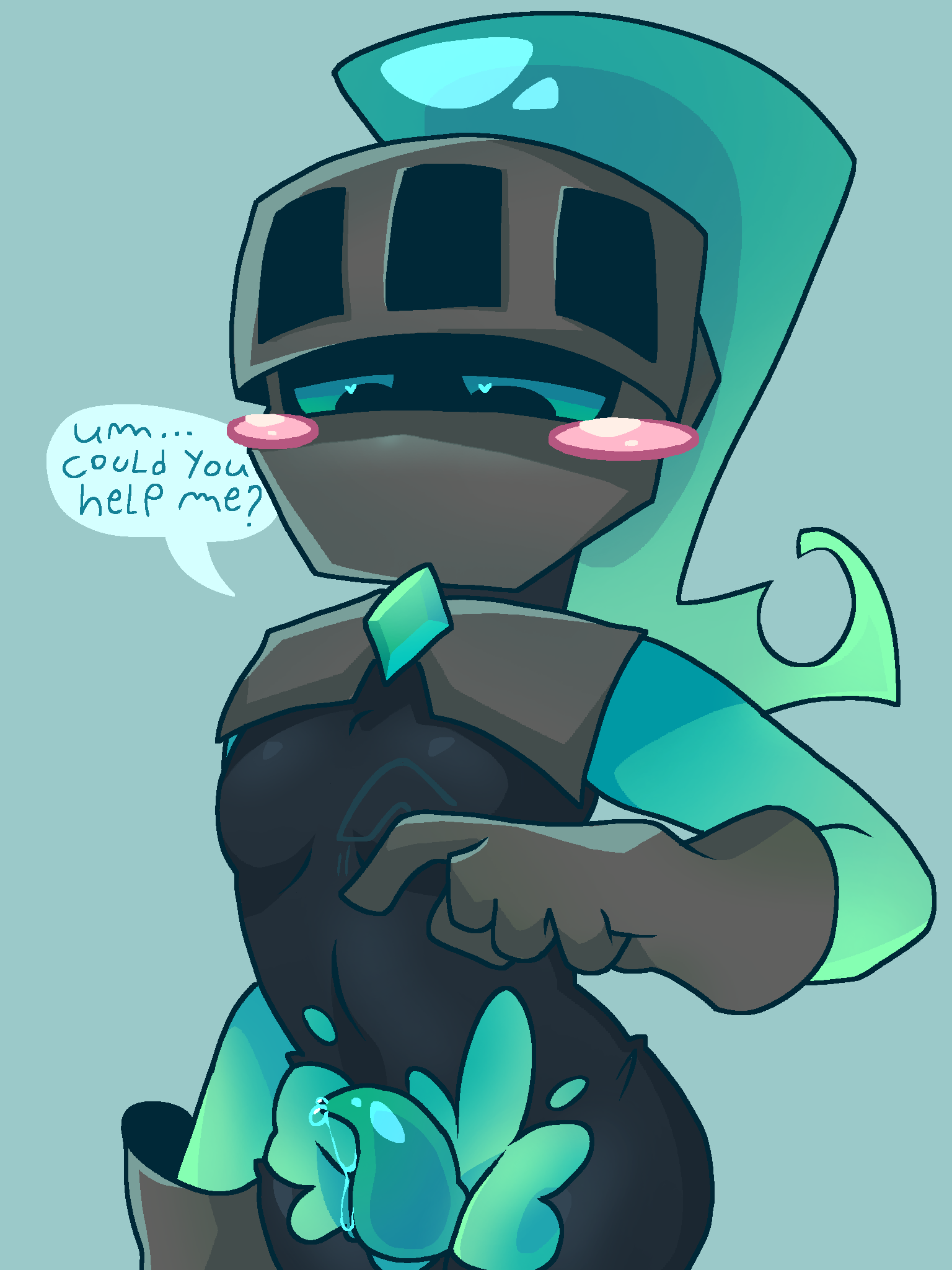 blush, dandy's world, dandys world, knight, knight armor, male, male only, no mouth, non-human, penis, penis out, roblox, simple background, soulvester, tagme, talking to viewer, text bubble, torn clothes