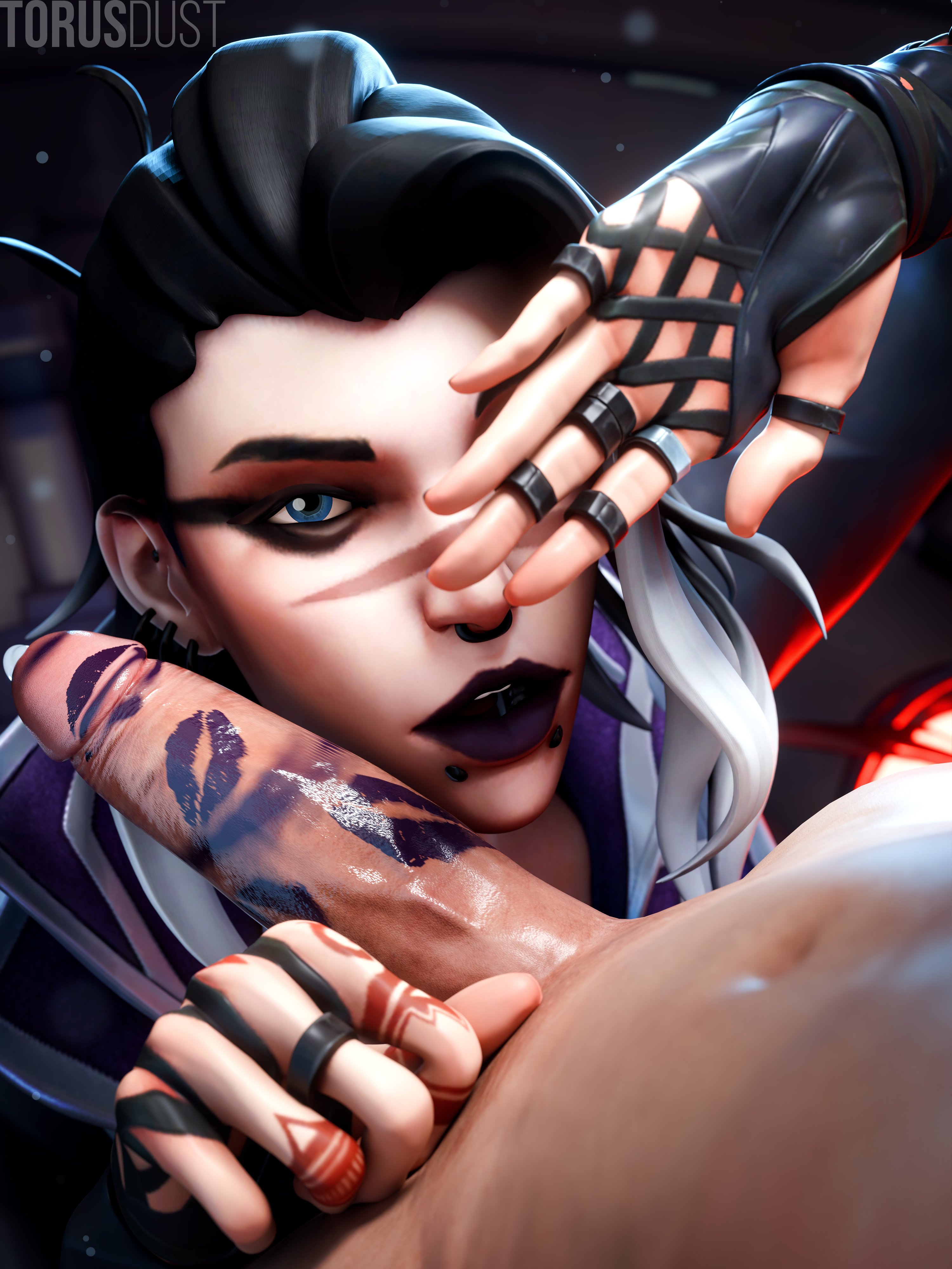 1boy, 1girls, 3d, 3d (artwork), after fellatio, fade (valorant), female, goth, goth girl, heterochromia, kiss mark, kiss mark on penis, male, penis, piercing, riot games, tagme, torusdust, valorant