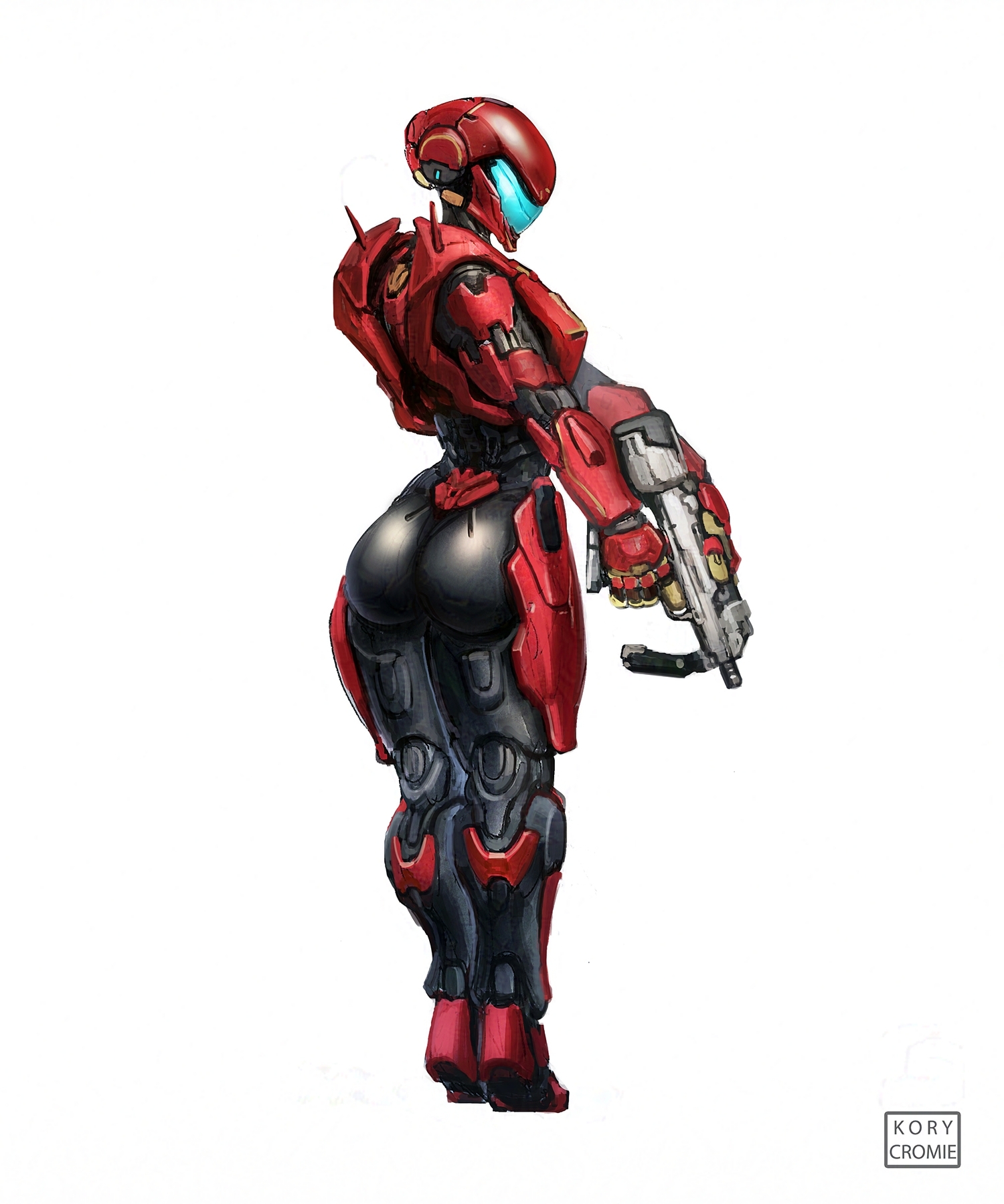 1girls, 343 industries, armor, ass, female, female only, female spartan (halo), halo (series), halo 5, helmet, hips, holding weapon, kory cromie, large ass, olympia vale, power armor, simple background, spartan (halo), spartan iv (halo), thighs, white background
