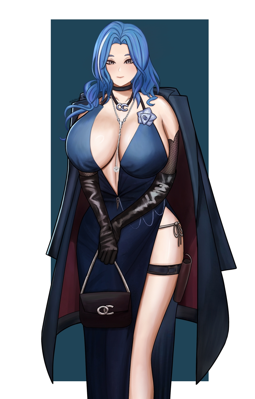 bag, bare shoulders, blue background, blue hair, breasts, cleavage, closed mouth, coat, coat on shoulders, dp-12 (girls' frontline), elbow gloves, female, girls' frontline, girls' frontline 2: exilium, gloves, grey eyes, hair over shoulder, handbag, helen (girls' frontline 2), helen (starlit waltz) (girls' frontline 2), highres, holster, huge breasts, jewelry, long hair, looking at viewer, milphy66, necklace, pantylines, simple background, smile, solo, standing, thigh holster, thigh strap, white background