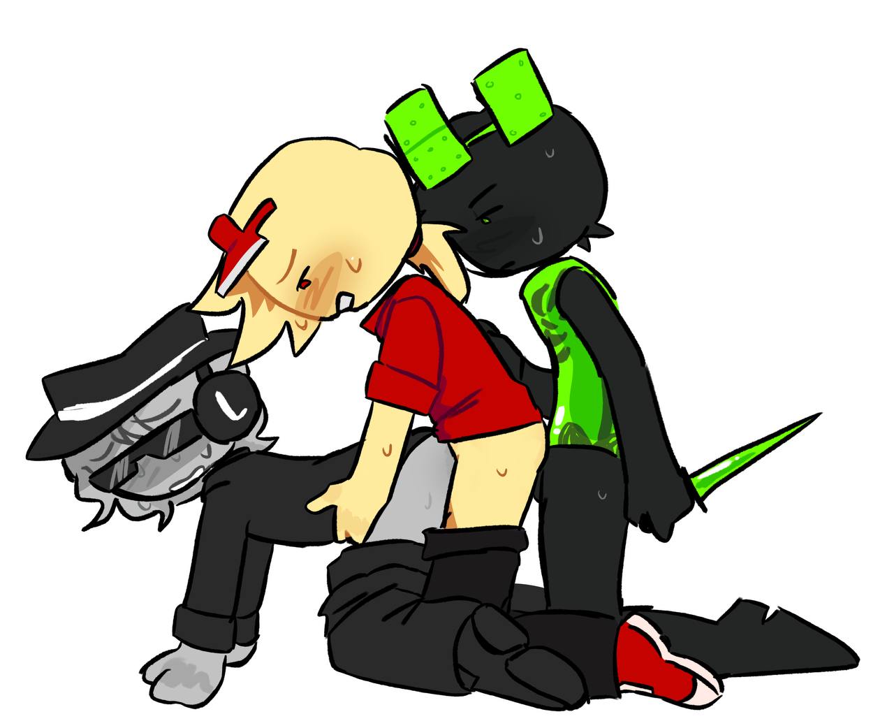 1x1x1x1, 1x1x1x1 (forsaken), 2025, 3boys, anthro penetrating, anthro penetrating human, black clothes, black clothing, black fedora, black hair, black limbs, black suit, black suit jacket, blonde hair, blush, chance (forsaken), clenched teeth, clothed male, clothed sex, color, dagger, doggy style, domino crown, elliot (forsaken), elliot (work at a pizza place), fedora, forsaken (roblox), fuck train, gdz, gray body, gray hair, green eyes, green torso, grey body, grey hair, grey skin, group sex, hair tuft, hand on partner's back, headphones on head, holding object, looking at partner, love train, lucky pierre, male, male only, male penetrated, male penetrating, male penetrating male, messy hair, penetrated male, penetrated while penetrating, penetrating male, penetrating while penetrated, penetration, penetration from behind, ponytail, red eyes, red shirt, red sneakers, red visor, roblox, roblox game, robloxian, see-through body, see-through torso, shades, simple background, small ponytail, sweat, sweat drops, sweatdrops, sweating, sweaty, sweaty body, threesome, video games, visible bones, visible ribcage, visible ribs, visible skeleton, visor, visor cap, work at a pizza place, yaoi, yellow body, yellow hair, yellow skin