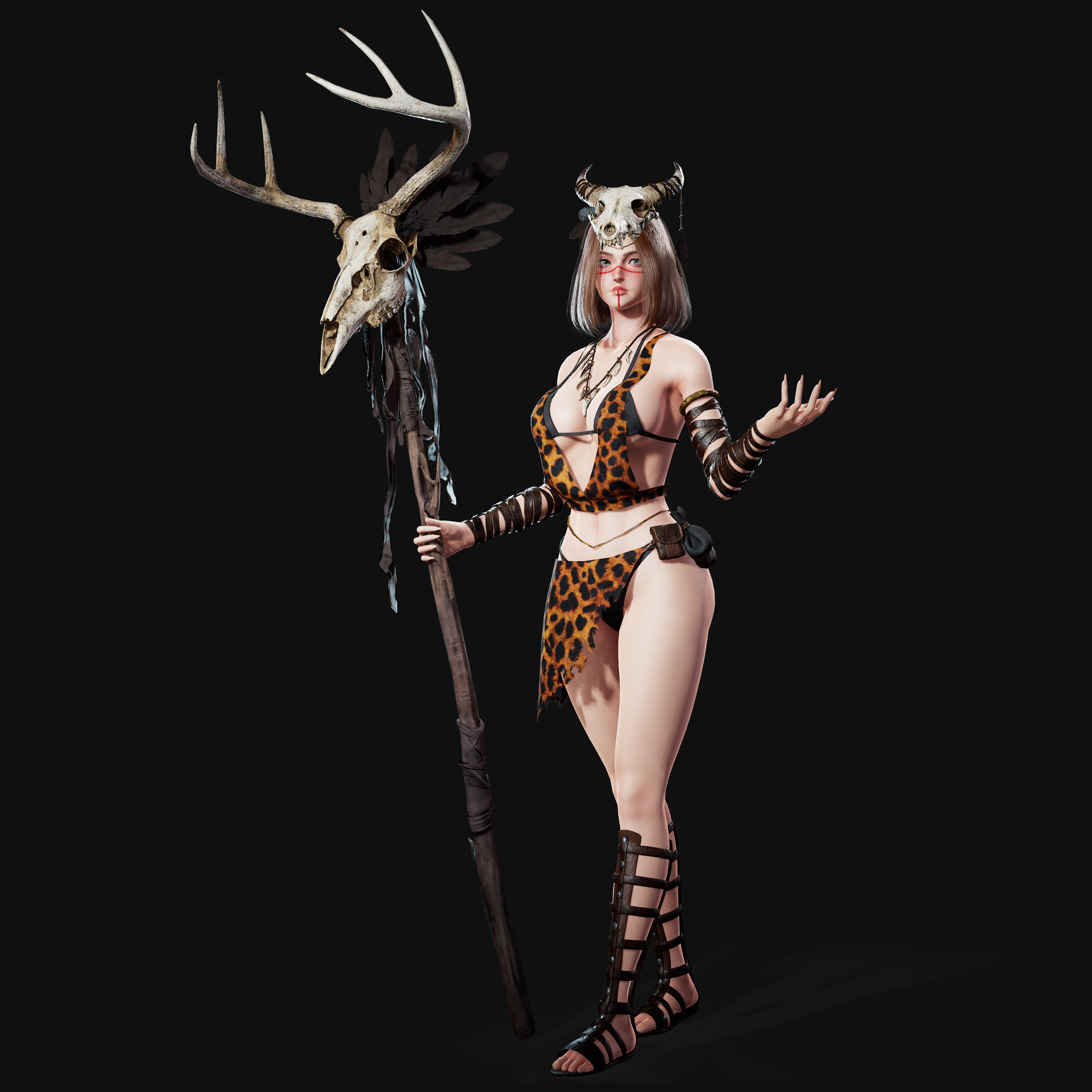 1girls, 3d, 3d (artwork), 3d model, 3d render, big breasts, bone necklace, breasts, digital media, digital media (artwork), face markings, facepaint, facial markings, feet, female, fit, fit female, gladiator sandals, human, human shaman, idafaber, light skin, light-skinned female, markings, pagan, paganism, primal, seer, sexy, sexy body, shaman, shamaness, skull, staff, thighs, tribal, tribal female, tribal markings, tribal paint, tribal spellcaster, unity (engine), unreal engine, witch