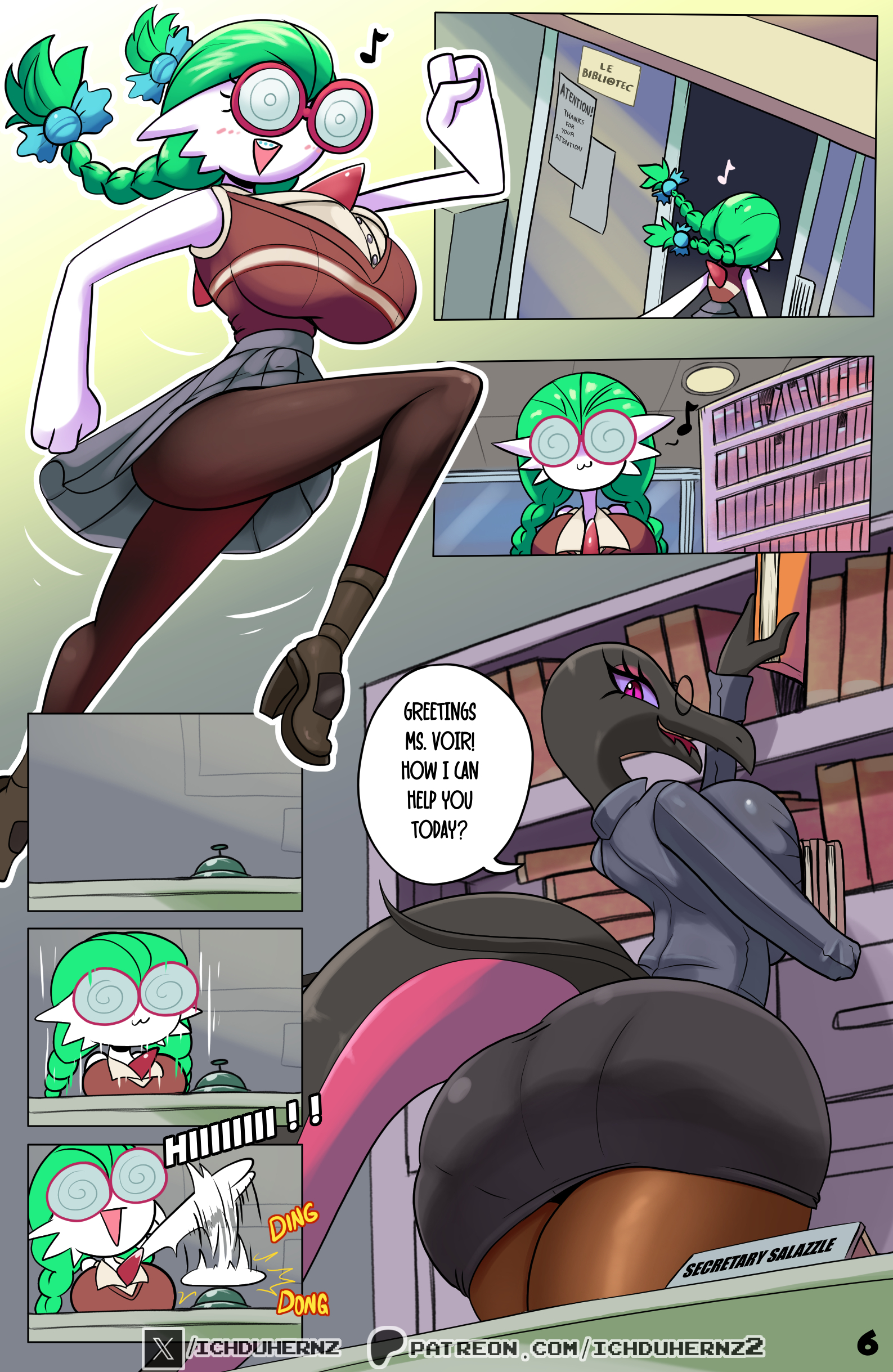 :3, 2girls, absurd res, anthro, ass, big breasts, big butt, biped, bottomwear, braces, braid, braided hair, breasts, clothed, clothing, comic, detailed background, dialogue, duo, female, gardevoir, generation 3 pokemon, generation 7 pokemon, glasses, green hair, hair, hi res, huge butt, ichduhernz, inside, librarian, library, looking back, nerd, nerdy female, nerdyvoir (ichduhernz), nintendo, pokemon, pokemon (species), salazzle, skirt, speech bubble, swirly glasses, text, thick thighs, three-quarter view, topwear, twin braids, white body