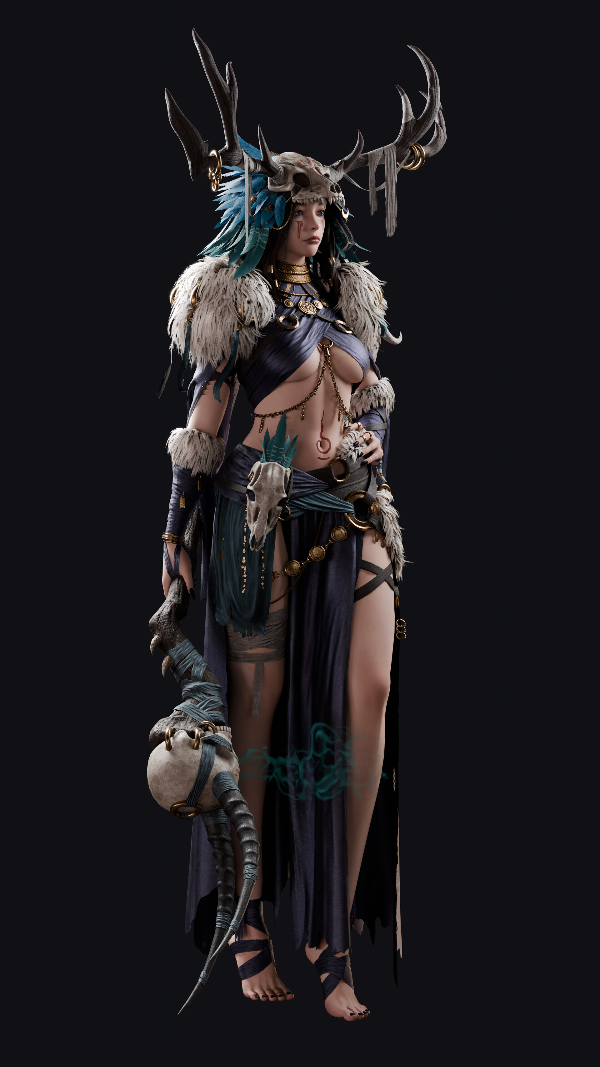 1girls, 3d, 3d model, 3d render, antlers, blender, blender (software), breasts, cgi, cleavage, clothed, erotic, face markings, facial markings, feathers, feet, female, female human, fur, fur trim (clothing), harok lee, high quality, high resolution, highres, horns, human shaman, jamesfisher, jewelry, pagan, paganism, primal, seer, sexy, sexy body, shaman, shamaness, shamanic, tattoo, tattoos, tribal, tribal clothing, tribal female, tribal jewelry, tribal markings, tribal outfit, tribal paint, tribal spellcaster, tribal tattoo, tribal tattoos, under boob, underboob, unreal engine, witch