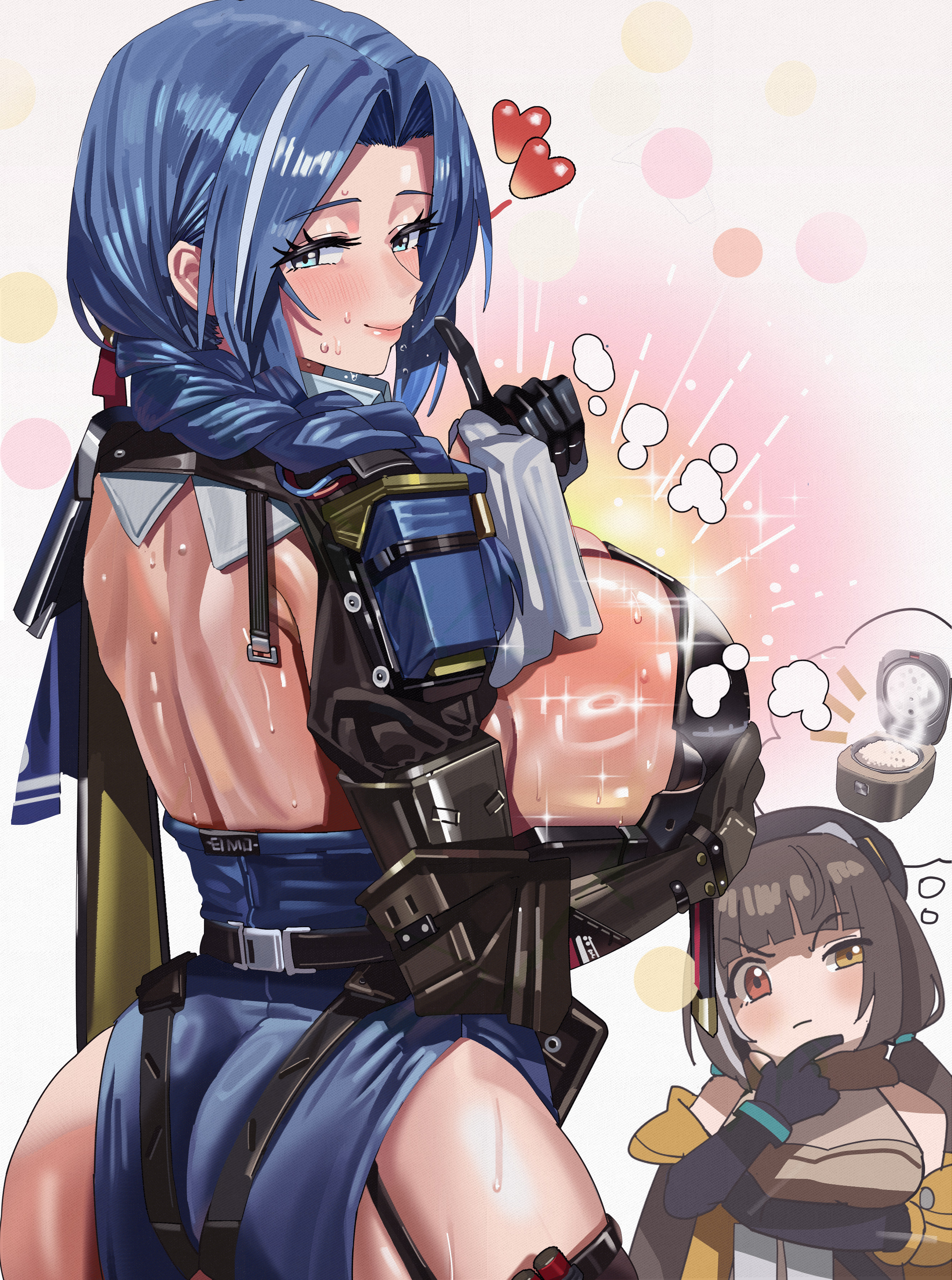 2girls, absurdres, black gloves, black hair, black hat, blunt bangs, blush, braid, braided ponytail, breasts, closed mouth, dp-12 (girls' frontline), feipin zhanshi, female, girls' frontline, girls' frontline 2: exilium, gloves, green eyes, hand on own chin, hat, heart, helen (girls' frontline 2), heterochromia, highres, hollow shine, huge breasts, long hair, looking at viewer, looking back, multiple females, multiple girls, raised eyebrows, red eyes, rice cooker, ro635 (girls' frontline), robella (girls' frontline 2), shiny skin, smile, solo focus, sparkle, speech bubble, sweat, thought bubble, yellow eyes