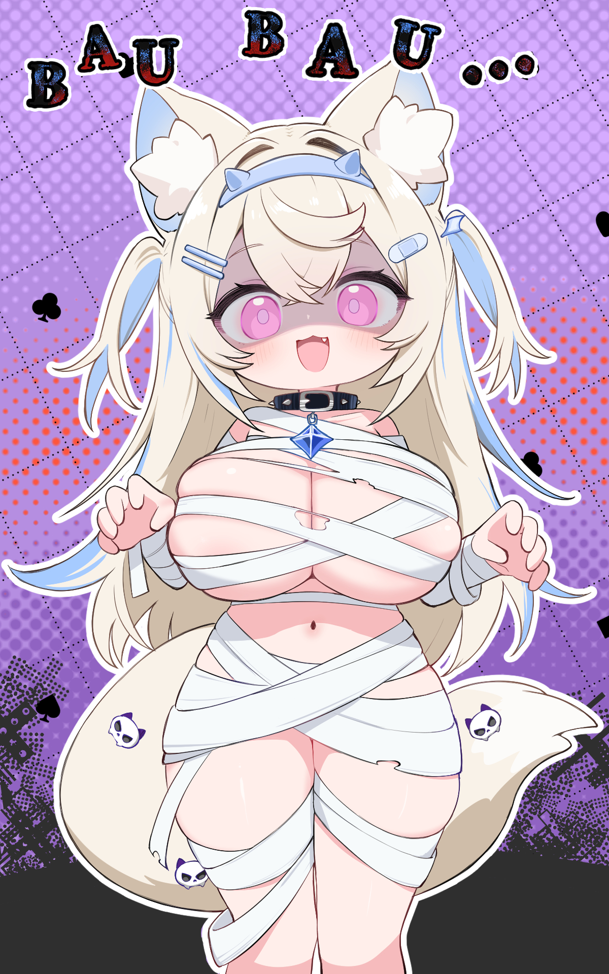:3, animal ear fluff, animal ears, bandages, bandaid, bandaid hair ornament, blonde hair, blue gemstone, blue hair, breasts, club (shape), collar, cowboy shot, crossed bangs, cute fang, dog ears, dog girl, dog tail, double-parted bangs, english commentary, fake horns, female, fuwawa abyssgard, gem, hair ornament, hairband, hairclip, highres, hololive, hololive english, hololive english -advent-, horn hairband, horns, huge breasts, kani bonara, long hair, looking at viewer, multicolored hair, mummy costume, naked bandage, open mouth, outstretched arms, parallel hairclips, pink eyes, playing card theme, purple background, shaded face, skindentation, skull ornament, smile, solo, spade (shape), streaked hair, tail, two side up, virtual youtuber, zombie pose