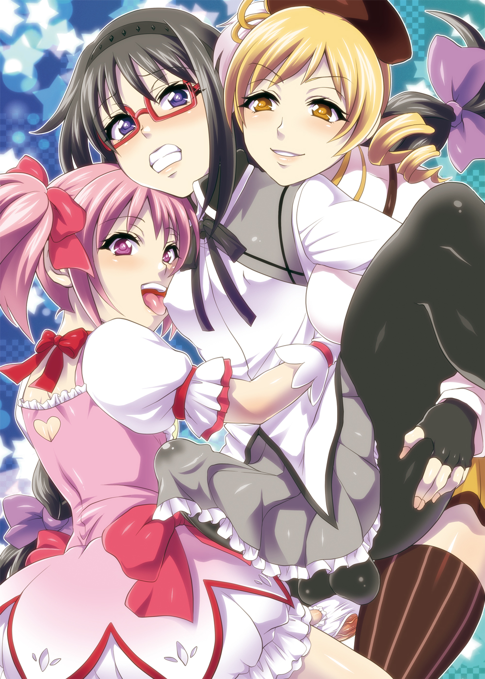 3futas, akemi homura, balls, black hair, blonde hair, blush, bow, braid, bulge, cameltail, clenched teeth, drill hair, erect nipples, erection, erection under clothes, erection under skirt, female, fingerless gloves, futa on futa, futa only, futanari, glasses, gloves, grimace, hair ribbon, hairband, hairbow, highres, human, imminent rape, impossible clothes, intersex, licking, long hair, madoka kaname, magical girl, mahou shoujo madoka magica, multiple futa, nipple bulge, nipples, panties, pantyhose, penis, penis under clothes, penis under skirt, pink eyes, pink hair, purple eyes, ribbon, short hair, short twintails, skirt, skirt lift, smile, spoilers, tenting, thighhighs, tied hair, tokimachi eisei, tomoe mami, twin braids, twintails, underwear, white panties, yellow eyes, zettai ryouiki