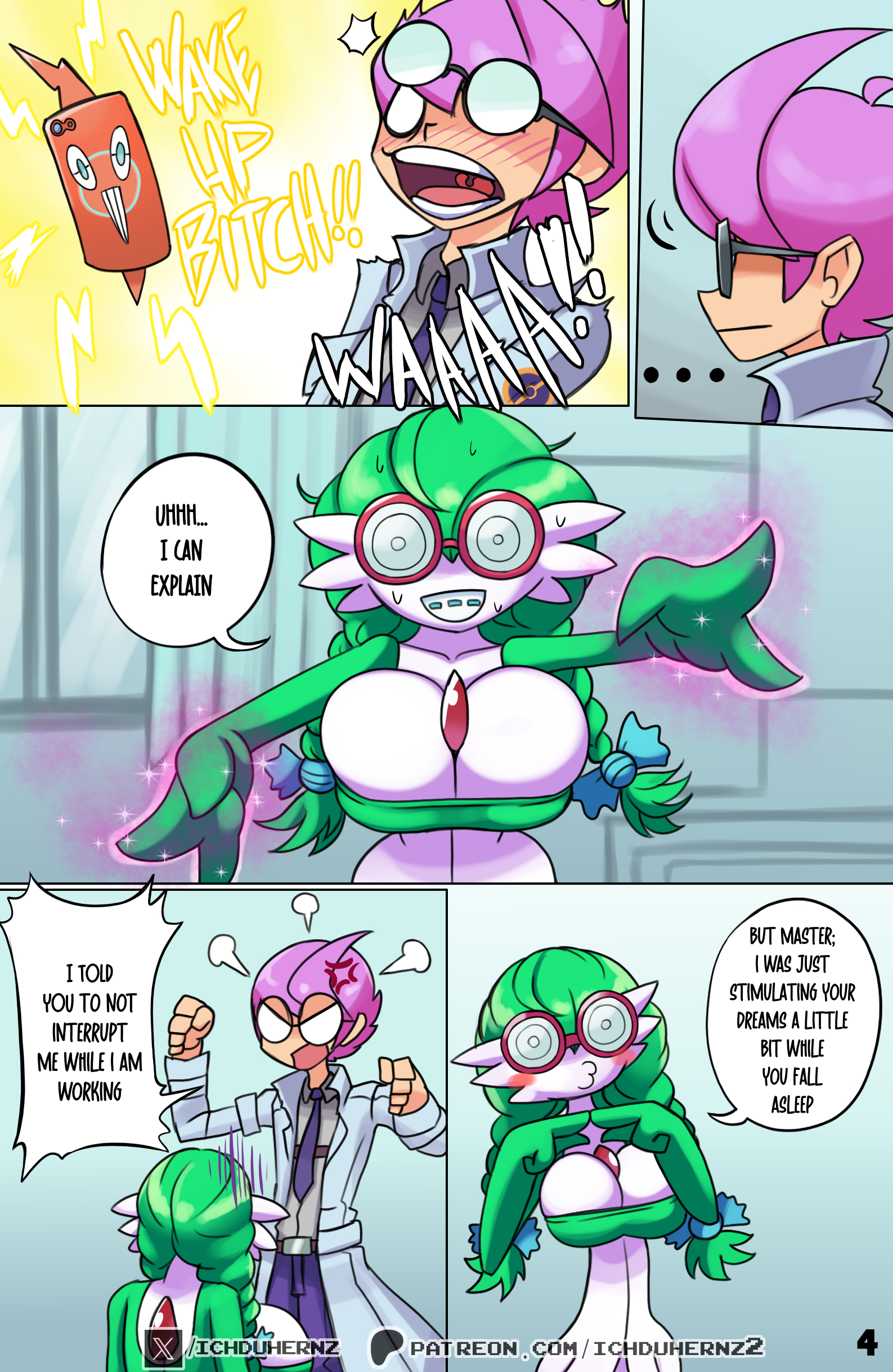 absurd res, big breasts, biped, bodily fluids, bottomwear, braces, braid, braided hair, breasts, clothed, clothing, comic, dialogue, duo, female, front view, gardevoir, generation 3 pokemon, glasses, green hair, hair, hi res, ichduhernz, male, nerd, nerdy female, nerdyvoir (ichduhernz), nintendo, not furry, pokemon, pokemon (species), simple background, speech bubble, sweat, swirly glasses, text, thick thighs, top heavy, topwear, twin braids, white body