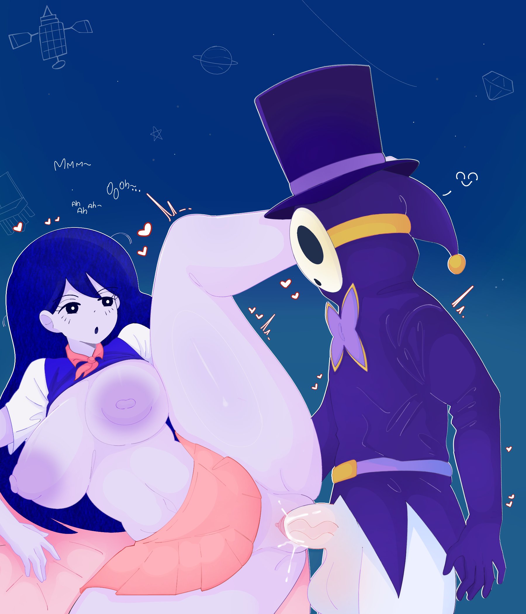aged up, anti groove, blue hair, female, lifted shirt, mari (headspace) (omori), mari (omori), mario (series), no bra, no panties, omori, pussy, shy guy, shyguy, side fuck, top hat, tophat, vaginal penetration, vaginal sex