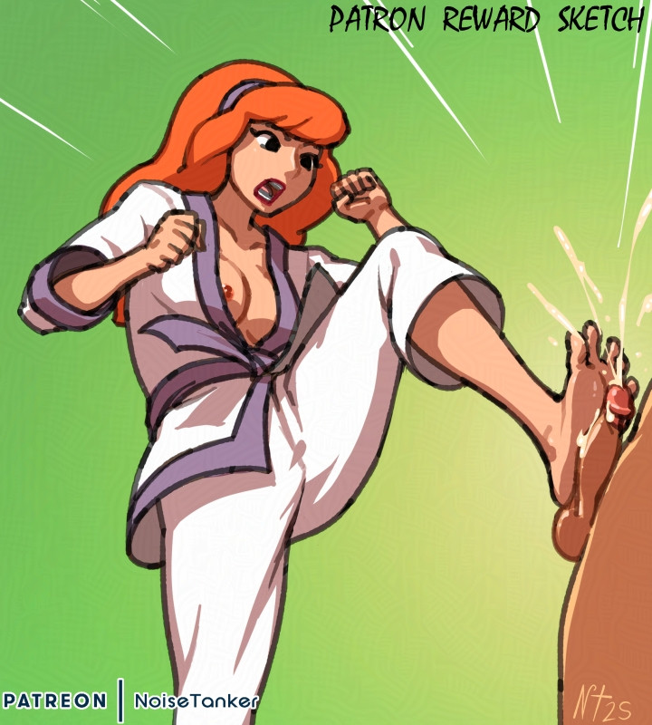 1girls, balls, breasts, cum, daphne blake, female, footjob, greek toe, male, noisetanker, penis, scooby-doo