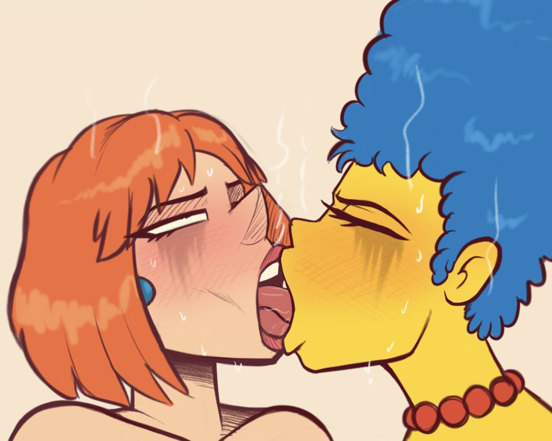 2girls, big lips, blue hair, blush, blushing female, closed eyes, cropped, dango danger, earrings, eyelashes, eyes rolling up, fair skin, family guy, female, frustrated, kissing, lipstick, lois griffin, long hair, making out, marge simpson, naked, naked female, necklace, nude, nude female, open mouth, orange hair, runny makeup, saliva, sexual frustration, short hair, simple background, steam, steamy, sweat, sweatdrop, sweating, sweaty face, the simpsons, tongue, tongue kiss, yellow skin, yuri