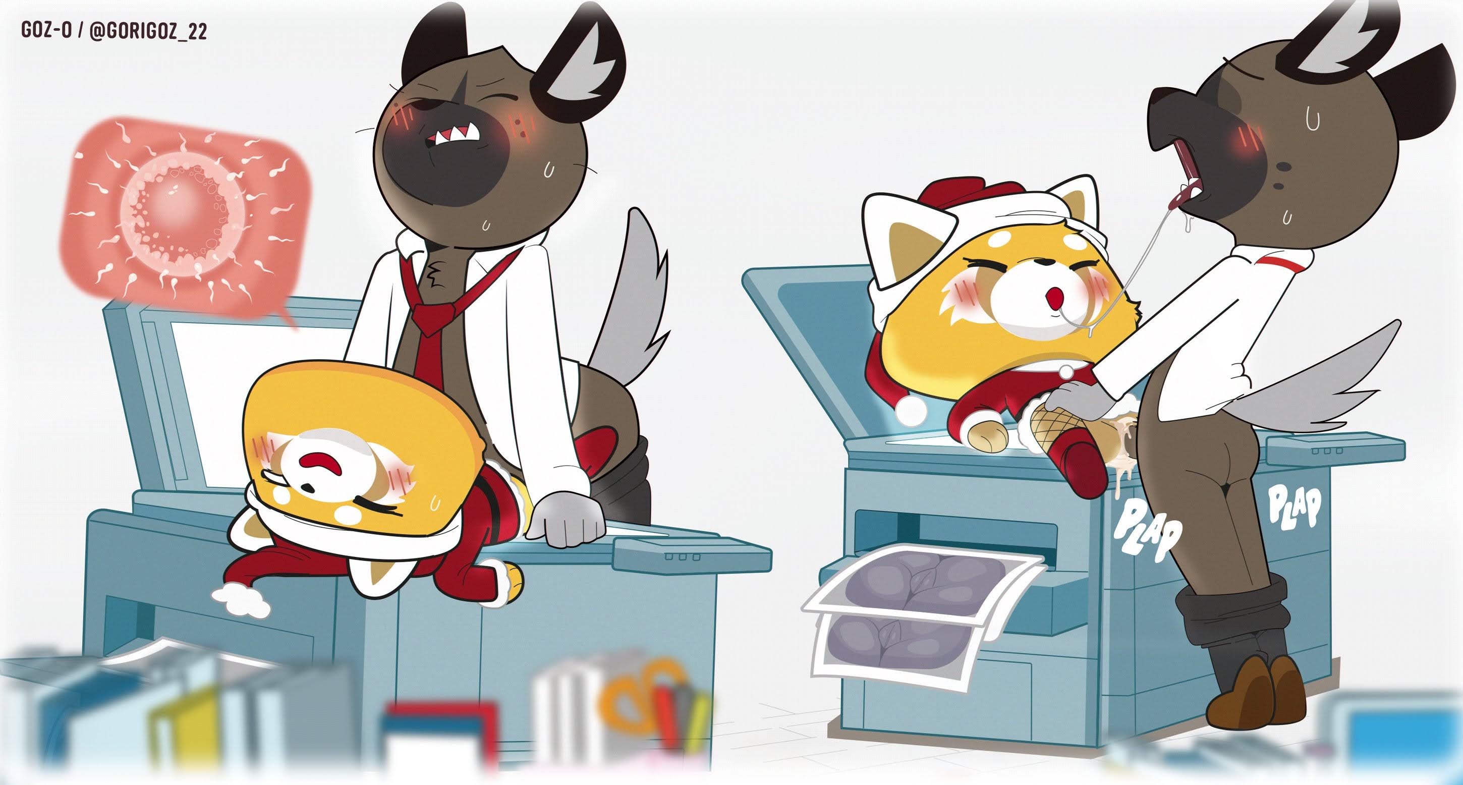 1boy, 1girls, aggressive retsuko, aggretsuko, anal, anthro, ass, black pants, blush, bodily fluids, box, brown footwear, buck teeth, christmas, closed eyes, clothed sex, clothes pull, clothing, couch, cross section, cum, cum in pussy, desk, drooling, female, fertilization, fur-trimmed headwear, furry, furry female, furry male, furry with furry, gosgoz, haida, hat, hyena, impregnation, machine, male, male focus, mammal, missionary position, nakadashi, necktie, open mouth, open shirt, ovum, pants, pants pull, penetration, penis, photocopier, photocopying butt, printer, printing, pussy, red headwear, red necktie, red panda, retsuko, saliva, sanrio, santa costume, santa hat, semen, sex, sex from behind, shirt, sperm cell, spotted hyena, standing, straight, sweat, tail, teeth, vaginal penetration, white shirt