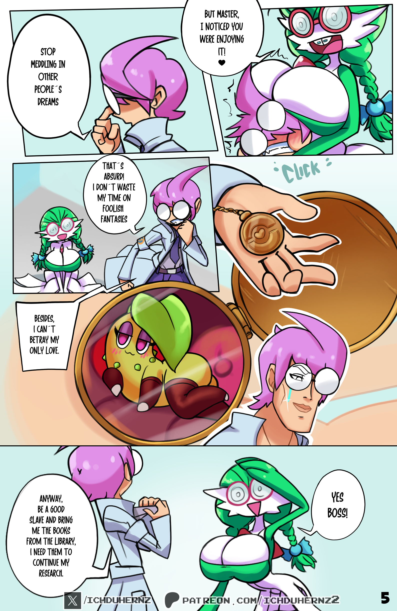 1boy, 1girls, absurd res, big breasts, biped, bottomwear, braces, braid, braided hair, breasts, chikorita, cleavage, clothed, clothing, comic, dialogue, female, front view, gardevoir, generation 2 pokemon, generation 3 pokemon, glasses, green hair, hair, hi res, huge breasts, ichduhernz, legwear, male, nerd, nerdy female, nerdyvoir (ichduhernz), nintendo, not furry, pokemon, pokemon (species), simple background, speech bubble, swirly glasses, text, thick thighs, thigh highs, topwear, twin braids, white body