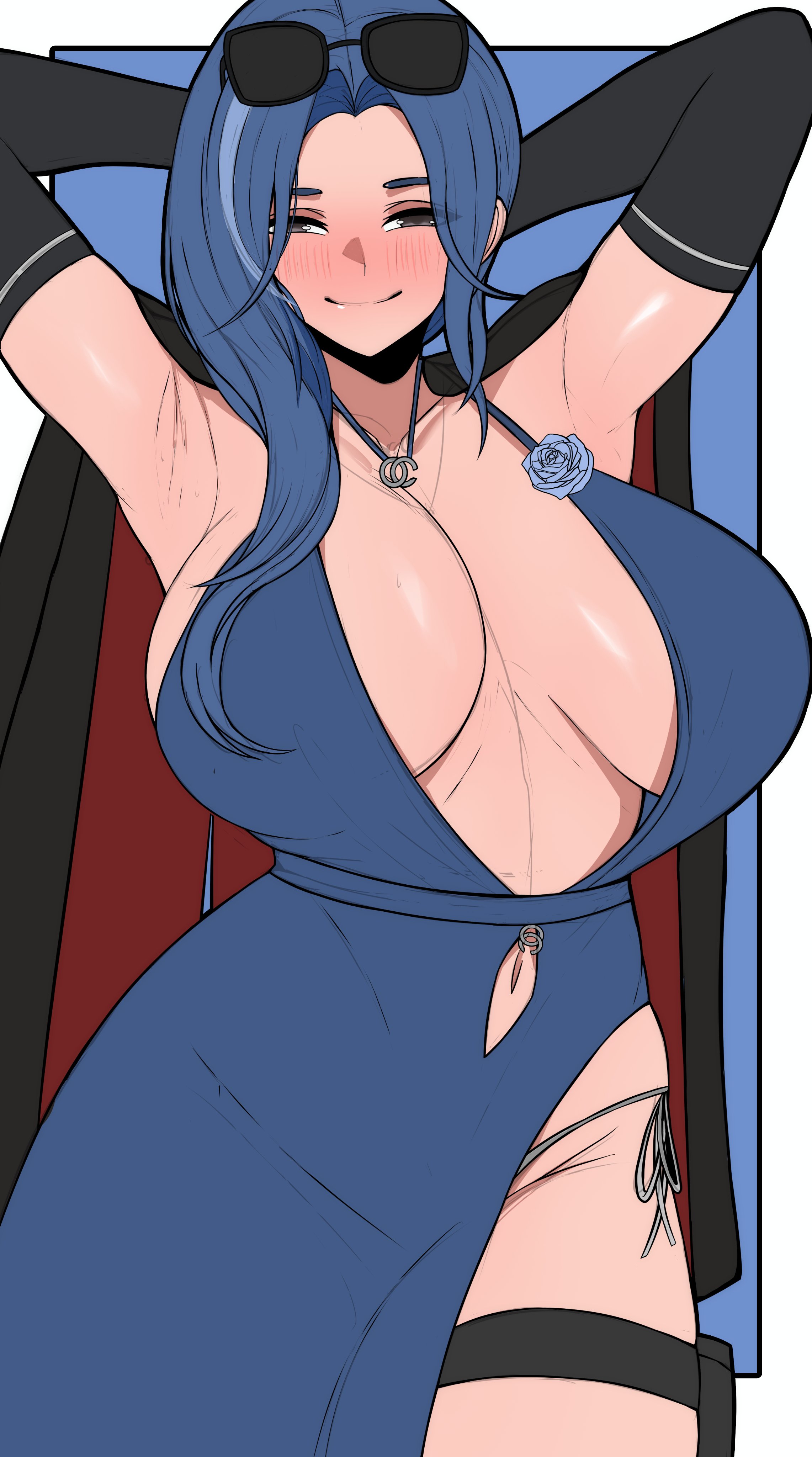 absurdres, armpits, arms up, backless dress, backless outfit, blue background, blue dress, blue flower, blue hair, blue rose, blush, border, breasts, cleavage, closed mouth, clothing cutout, coat, coat on shoulders, dp-12 (girls' frontline), dress, edmun6969, evening gown, eyewear on head, female, flower, girls' frontline, girls' frontline 2: exilium, grey eyes, hair over shoulder, halter dress, halterneck, helen (girls' frontline 2), helen (starlit waltz) (girls' frontline 2), highres, holster, huge breasts, jewelry, long hair, navel cutout, necklace, pantylines, parted bangs, rose, smile, solo, thigh holster, thigh strap, white border