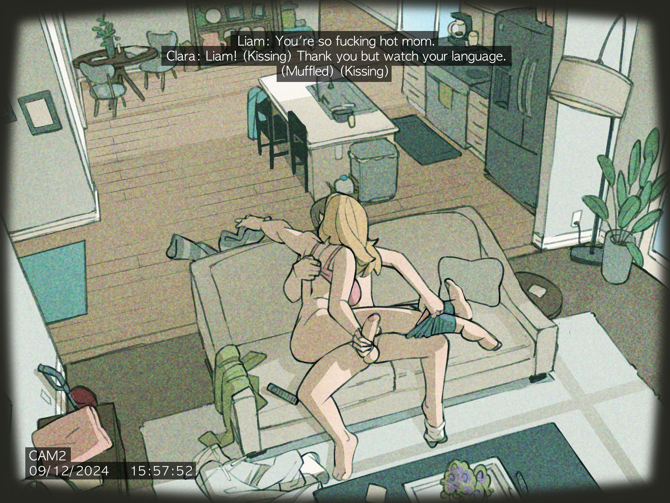 1boy, 1girls, blonde hair, bra, clothing, couch, dialogue, female, female on top, handjob, incest, long hair, male, matching underwear, milf, mother, mother and son, not enough milk (artist), panties, penis, pink bra, pink panties, son, spread legs, undressing