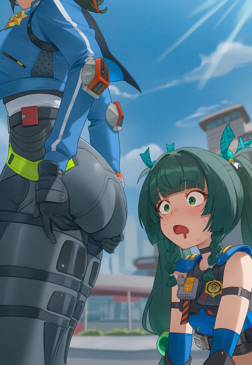 2girls, ai generated, android, android girl, artist request, ass, ass awe, ass focus, ass squeeze, ass worship, big ass, big breasts, black hair, black hair female, black-haired female, blush, breasts, clothed, clothed female, female, female only, grabbing, grabbing ass, grabbing own ass, green eyes, green eyes female, green hair, green hair female, green-eyed female, green-haired female, huge ass, police, police uniform, police woman, qingyi (zenless zone zero), small breasts, twintails, yuri, zenless zone zero, zhu yuan