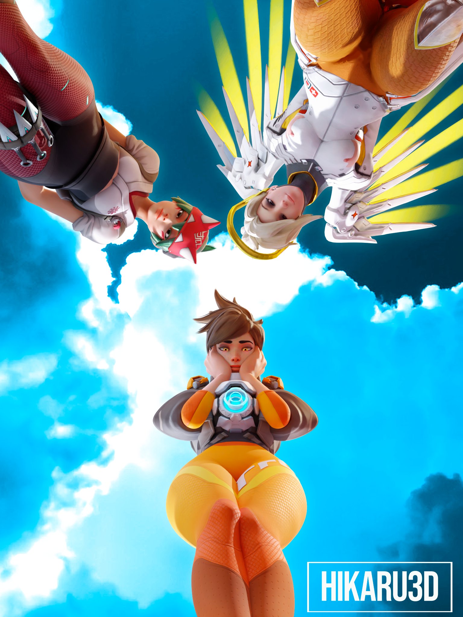 3d, 3d (artwork), 3girls, artist name, blizzard entertainment, bodysuit, bubble butt, child bearing hips, curvaceous, curvaceous female, curvy female, curvy hips, female, female focus, female only, fit, fit female, hikaru3d, hourglass figure, kiriko (overwatch), latex bodysuit, latex skinsuit, light skin, light-skinned female, looking at partner, looking at viewer, mercy, overwatch, overwatch 2, pale skin, pale-skinned female, skinsuit, standing, thick thighs, toned, toned body, toned female, toned stomach, tracer, tracer (overwatch 2 suit), watermark, wide hips
