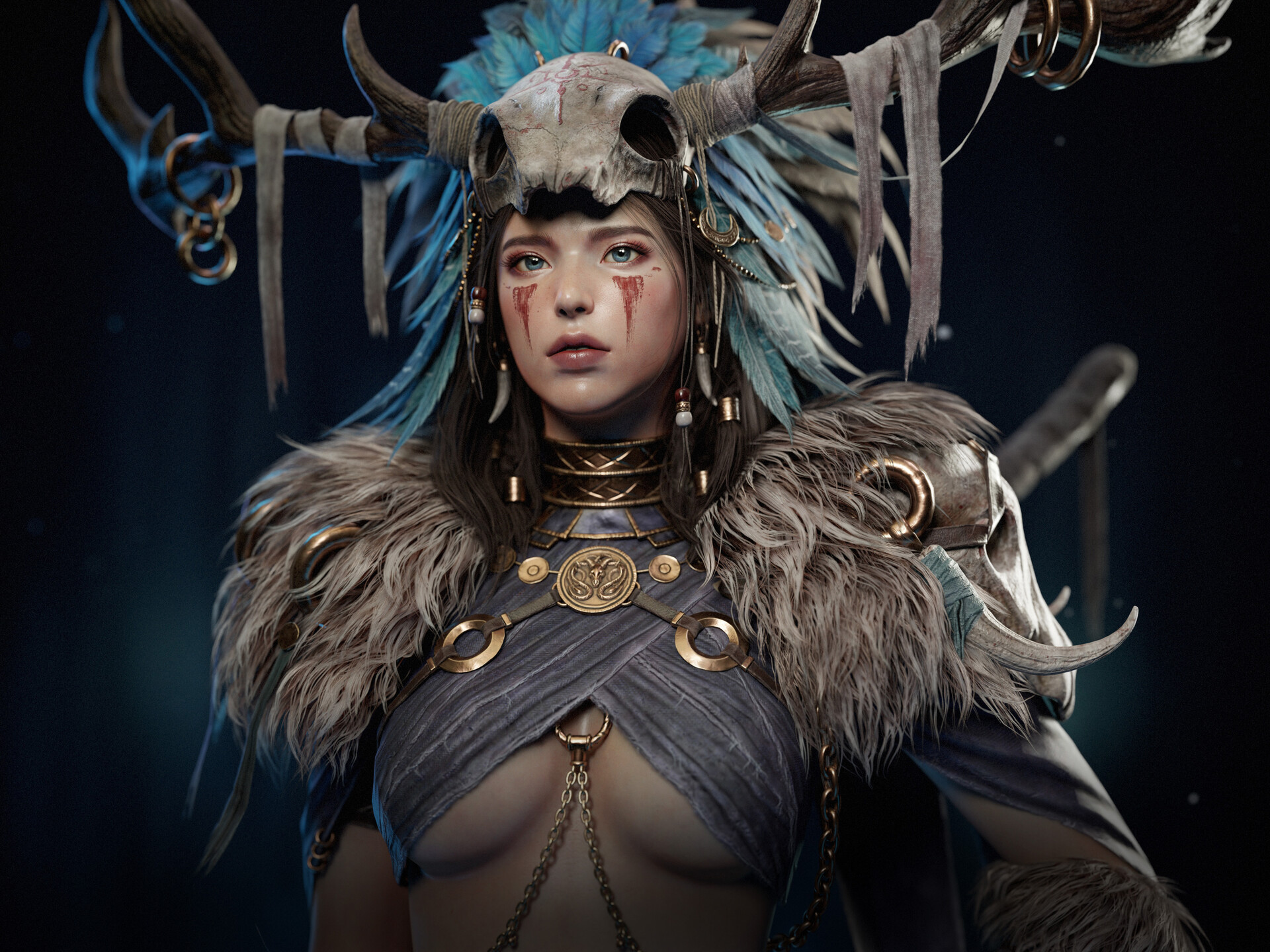1girls, 3d, 3d model, 3d render, antlers, blender, blender (software), breasts, cgi, cleavage, clothed, erotic, face markings, facial markings, feathers, female, female human, harok lee, high quality, high resolution, highres, horns, human shaman, jewelry, pagan, paganism, primal, seer, sexy, sexy body, shaman, shamaness, shamanic, tattoo, tattoos, tribal, tribal clothing, tribal female, tribal jewelry, tribal markings, tribal outfit, tribal paint, tribal spellcaster, tribal tattoo, tribal tattoos, under boob, underboob, unreal engine, witch, yeongzy, zbrush