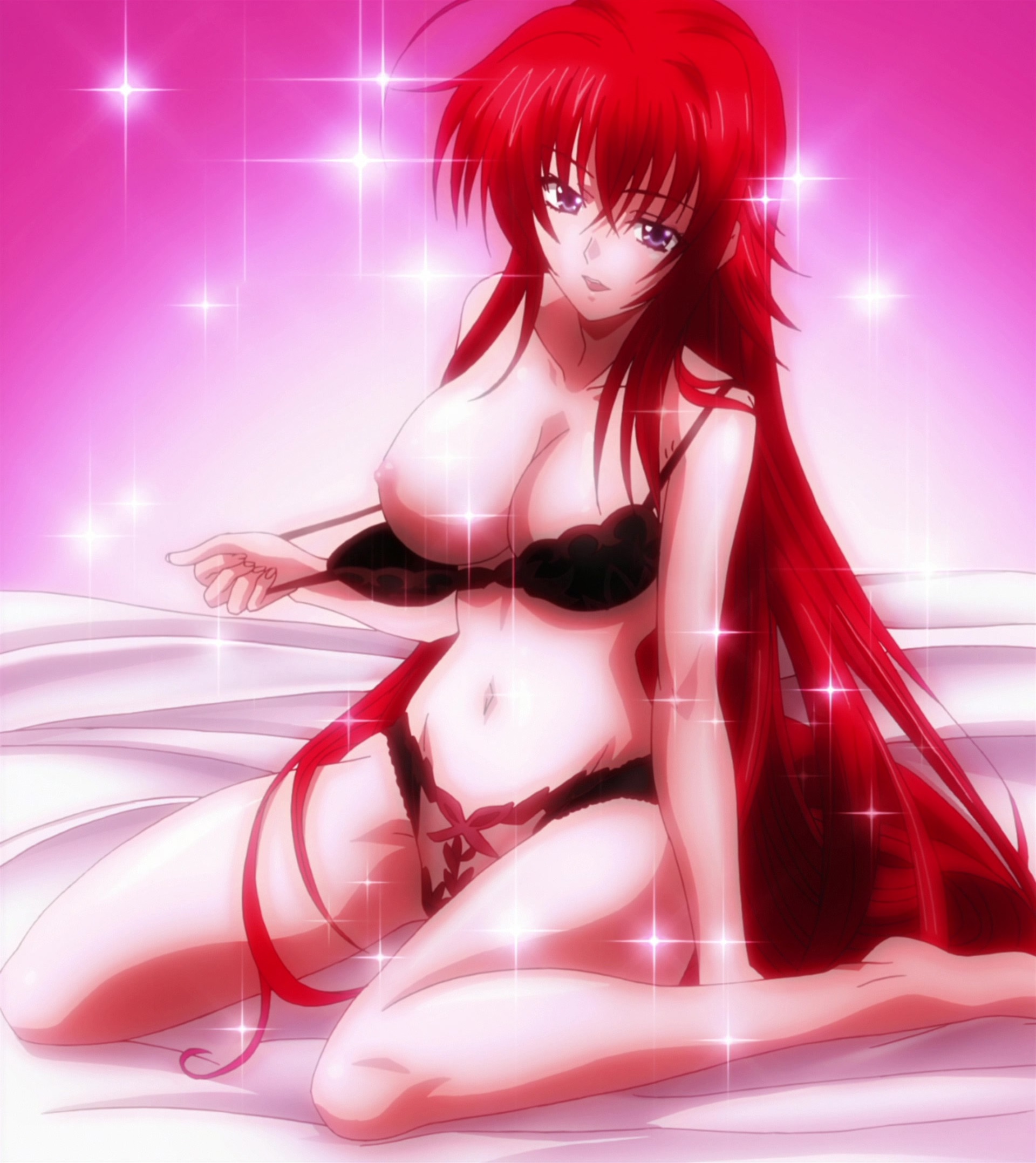 ahoge, anime, anime screencap, anime screenshot, areolae, bed, bed sheet, bedroom eyes, big breasts, black bra, black panties, blue eyes, bra, breasts, cleavage, collarbone, female, female only, high school dxd, highres, large breasts, legs, lingerie, long hair, midriff, navel, nipples, open mouth, panties, red hair, rias gremory, screencap, screenshot, seductive, seductive look, seductive smile, showing nipple, smile, solo, stitched, teasing, teeth, thighs, thin waist, tongue, underwear, undressing, wide hips