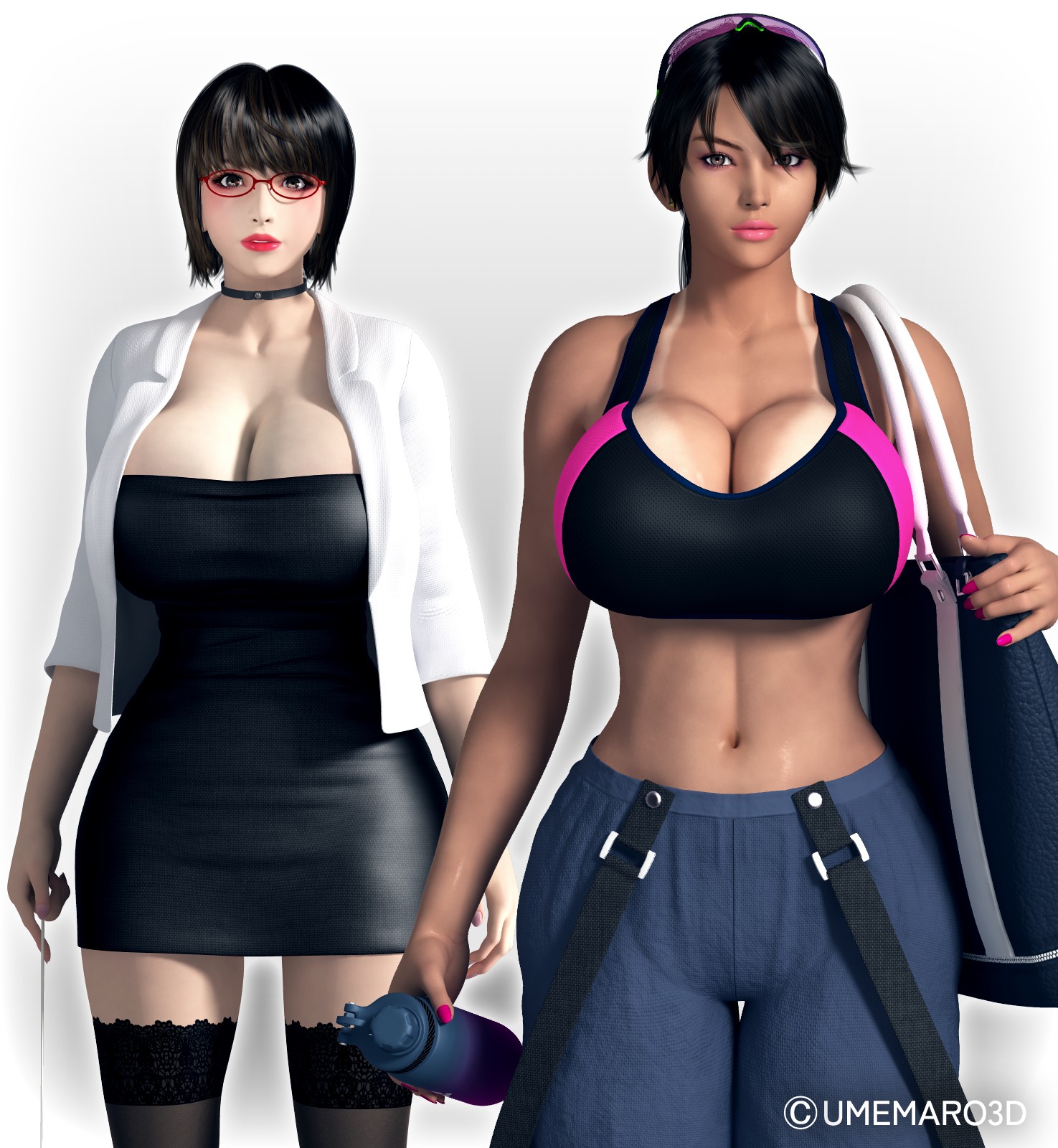 3d, bag, belly, belly button, big breasts, bob cut, breasts, choker, cleavage, dark clothing, doctor, dress, female, female only, fit body, flask, glasses, huge boobs, huge breasts, kageyama miyuki, lacy stockings, lacy thighhighs, lipstick, looking at viewer, magic wand, mature female, pink lips, pink lipstick, red glasses, red lips, red lipstick, shoko sugimoto, sports bra, stockings, suspenders, tan body, tanline, teacher, trousers, two females, umemaro, umemaro 3d, visor (eyewear), voluptuous, voluptuous female, waterbottle, white background, white coat, women