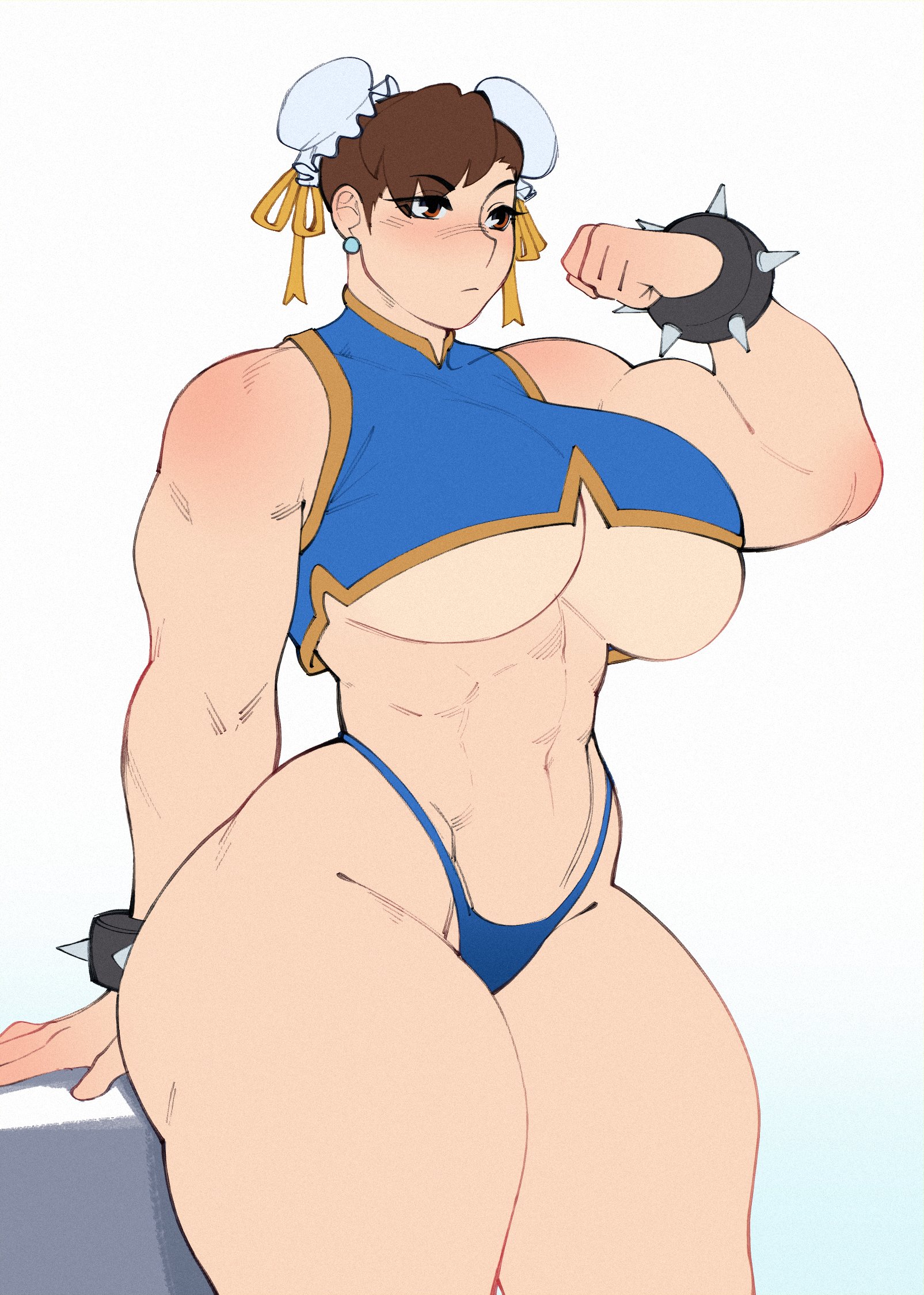 1girls, abs, ass, biceps, big ass, big breasts, breasts, brown hair, capcom, chun-li, crop top, double bun, female, female only, flexing, flexing bicep, huge breasts, muscular, muscular female, nocturne nsfw, panties, solo, street fighter, thick thighs, thunder thighs, underboob, voluptuous, white background, wide hips