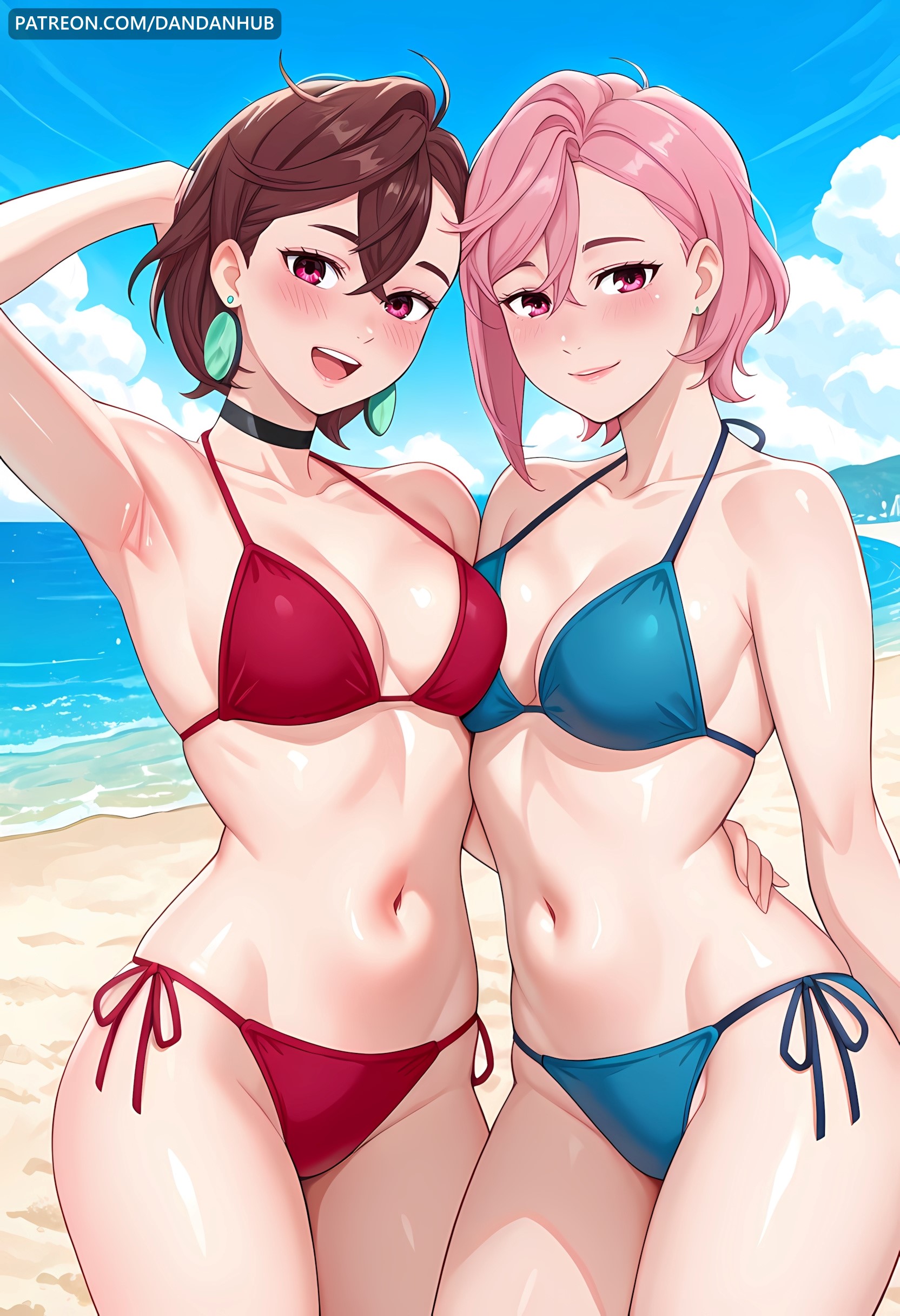 :d, 2girls, ai generated, arm up, armpits, ayase momo, bangs, beach, bikini, black choker, blue bikini, blue sky, blush, breast press, breasts, brown hair, choker, cleavage, cloud, collarbone, dandadan, dandanhub, day, earrings, female, female only, hair between eyes, halterneck, jewelry, looking at viewer, medium breasts, multiple females, multiple girls, navel, ocean, open mouth, outdoors, pink eyes, pink hair, red bikini, red eyes, shiny, shiratori aira (dandadan), short hair, side-tie bikini bottom, sky, smile, stomach, string bikini, swimsuit