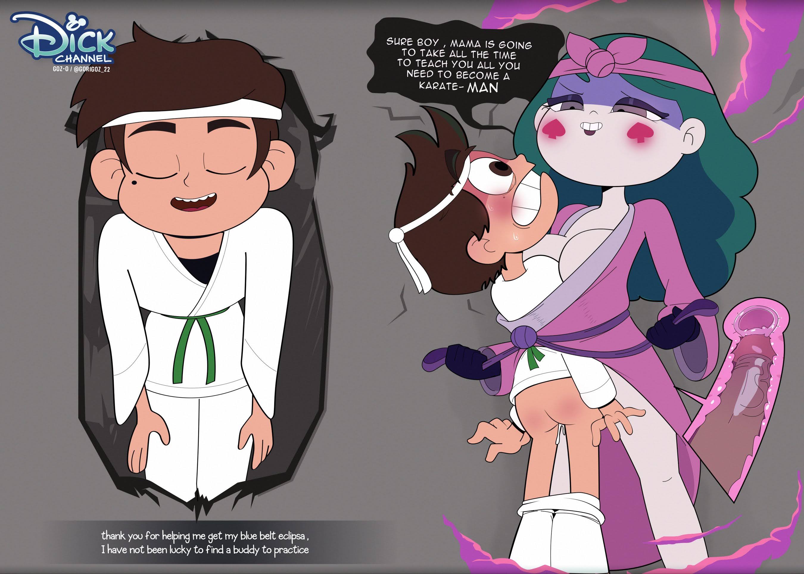 1boy, 1girls, age difference, ass, assertive female, blush, breasts, brown hair, cleavage, clenched teeth, closed eyes, clothed sex, clothes pull, clothing, colored skin, cross section, cum, dark aura, dark green hair, deep penetration, eclipsa butterfly, english text, female, femdom, gloves, gosgoz, green hair, hachimaki, headband, internal cumshot, japanese clothes, karate gi, large breasts, long hair, male, marco diaz, mewman, mole, mole under eye, open mouth, pants, pants down, pants pull, penis, pussy, robe, sex, shaded face, short hair, smile, standing, standing missionary, standing sex, star vs the forces of evil, straight, surprised, teeth, text, through wall, uterus, vaginal penetration, white headband, white pants