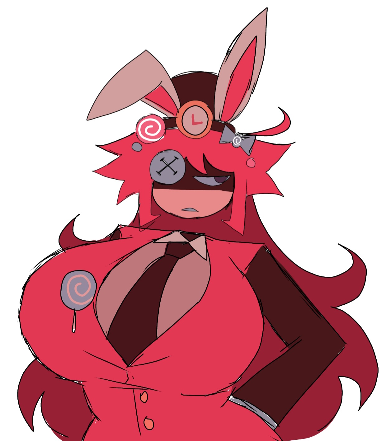 1girls, annoyed, big breasts, breasts, bunny ears, button eye, candy, clock, clothed, dangerking11, dangerous forest, female, fpe, fully clothed, fundamental paper education, half-closed eyes, huge breasts, kaaatie, large breasts, lolipop, long hair, looking away from viewer, machine girl (kaaatie), momiji (artist), red hair, round breasts, tagme, tie, vivian (kaaatie)