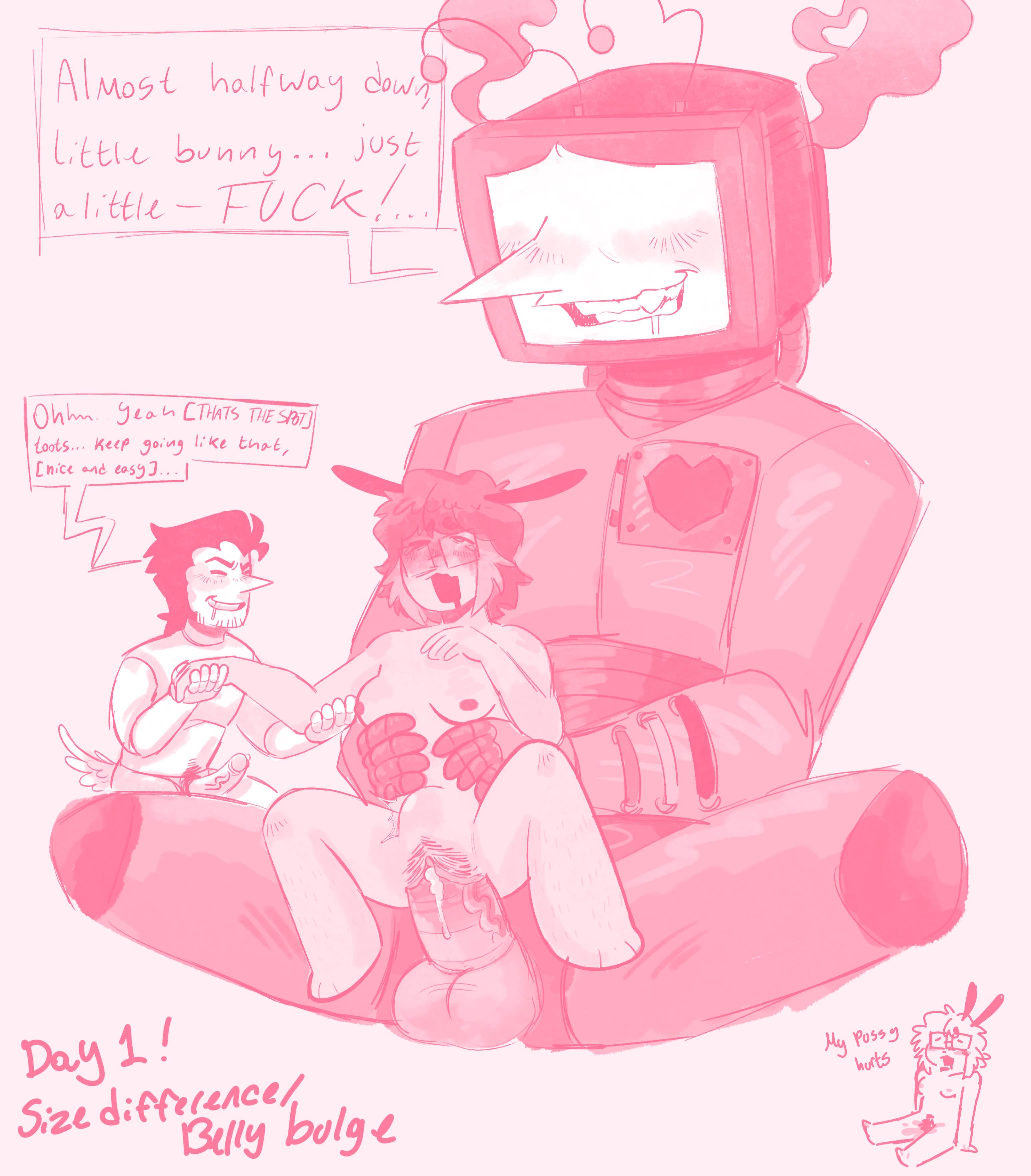 afab, artsona, belly bulge, breasts, bunnyolin, cum, cum drip, cum in pussy, cum inside, deltarune, female, glasses askew, glasses on face, help, holding hands, idk what to tag it, inside, kinktober, kinktober 2025, male, nonbinary, penis, penis in pussy, pubic hair, pussy, pussy juice, pussy lips, robot, robotic, screen face, self insert, selfship, selfshipping, size difference, spamton g spamton, talking to another, talking to partner, tenna (deltarune)