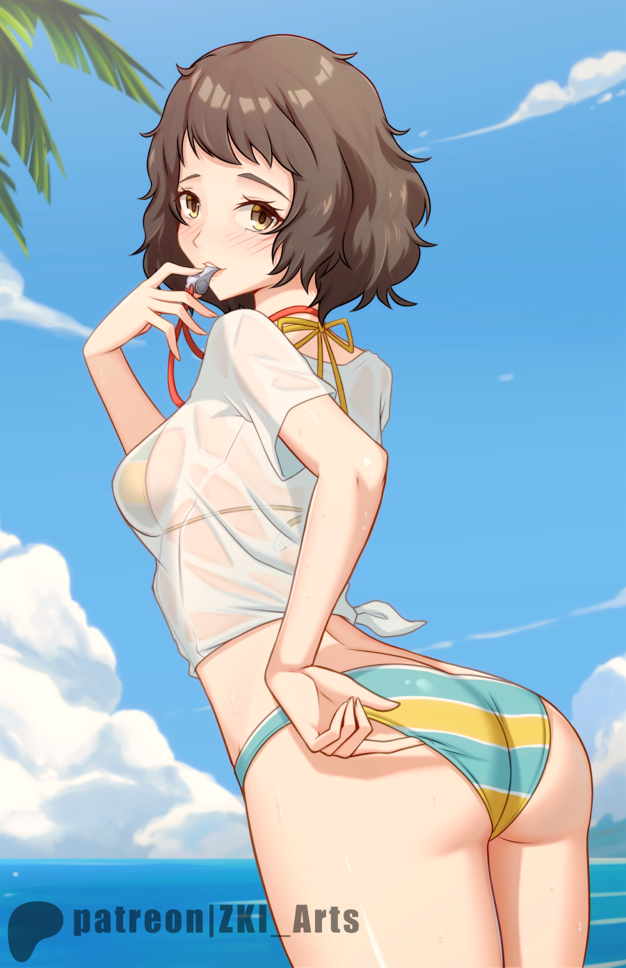 bikini, brown eyes, brown hair, persona, persona 5, sadayo kawakami, sadayo kawakami (swimsuit), see-through clothing, swimwear, tagme, wet shirt, whistle, z-ki