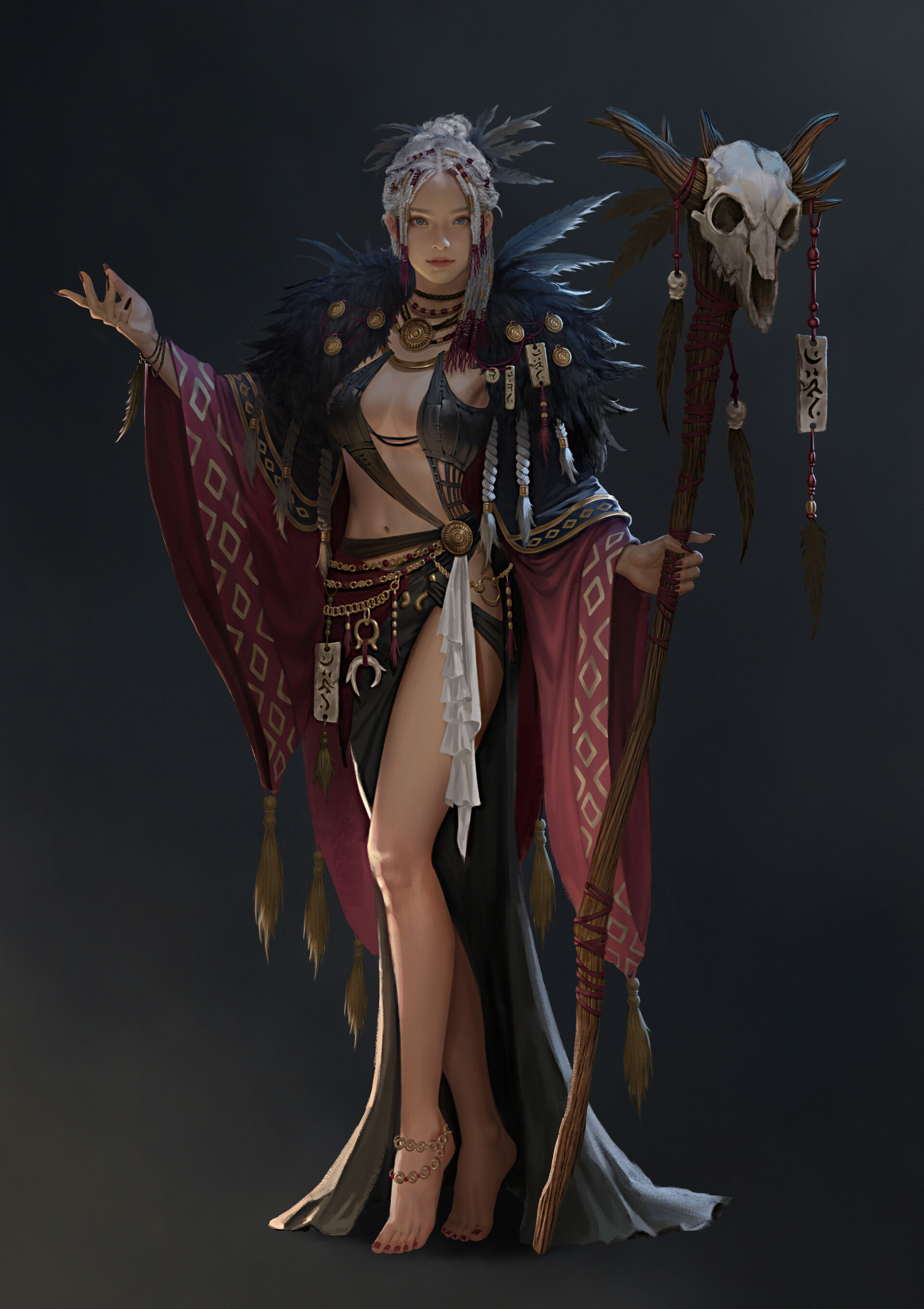 1girls, ankle bracelets, anklet, breasts, chae han, concept art, digital drawing (artwork), digital media (artwork), exposed thighs, fantasy, feathers, feet, female, female human, human shaman, jewelry, light skin, light-skinned female, pagan, paganism, primal, seer, sexy, sexy body, shaman, shamaness, shamanic, staff, tribal, tribal clothing, tribal female, tribal jewelry, tribal outfit, white hair
