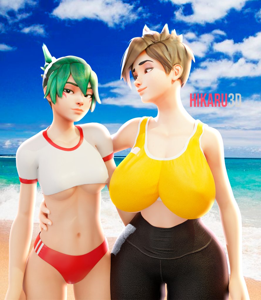 2girls, 3d, 3d (artwork), artist name, beach, black leggings, blizzard entertainment, bubble butt, buruma, child bearing hips, cropped shirt, curvaceous, curvaceous female, curvy female, curvy hips, female, female focus, female only, fit, fit female, hikaru3d, hourglass figure, kiriko (overwatch), leggings, light skin, light-skinned female, looking at partner, looking at viewer, overwatch, pale skin, pale-skinned female, sports bra, standing, thick thighs, toned, toned body, toned female, toned stomach, tracer, watermark, wide hips