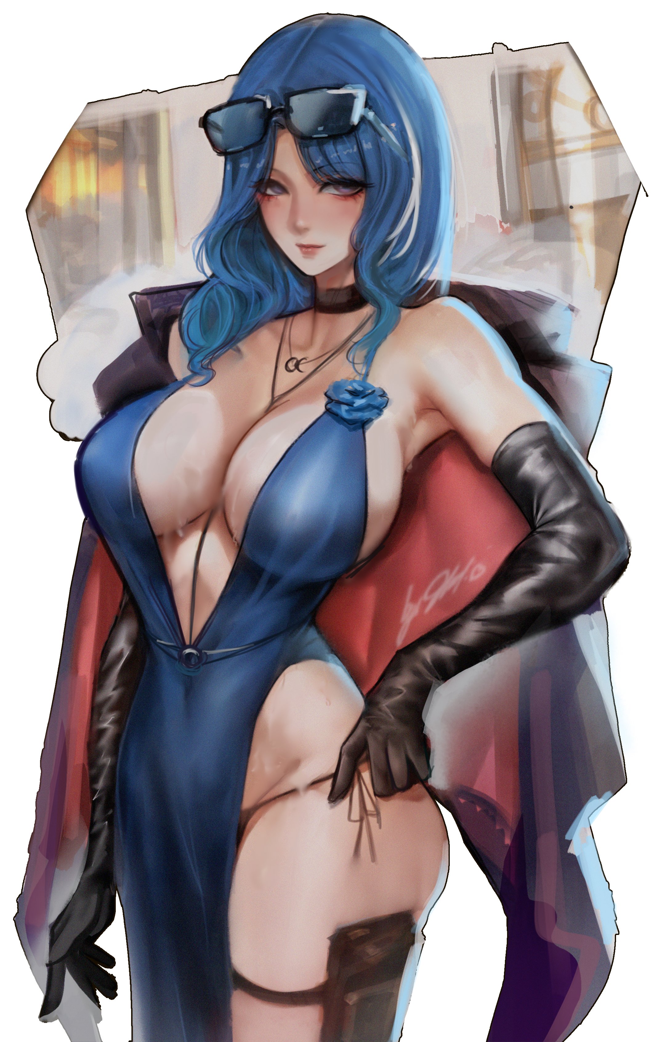 absurdres, bare shoulders, black choker, black gloves, blue dress, blue hair, breasts, choker, cleavage, closed mouth, coat, coat on shoulders, dp-12 (girls' frontline), dress, elbow gloves, evening gown, eyewear on head, female, girls' frontline, girls' frontline 2: exilium, gloves, grey eyes, helen (girls' frontline 2), helen (starlit waltz) (girls' frontline 2), highres, holster, jewelry, large breasts, long hair, looking at viewer, multicolored hair, necklace, pantylines, sheryl 01, sherylnome, sleeveless, sleeveless dress, solo, streaked hair, thigh holster, thigh strap, white background