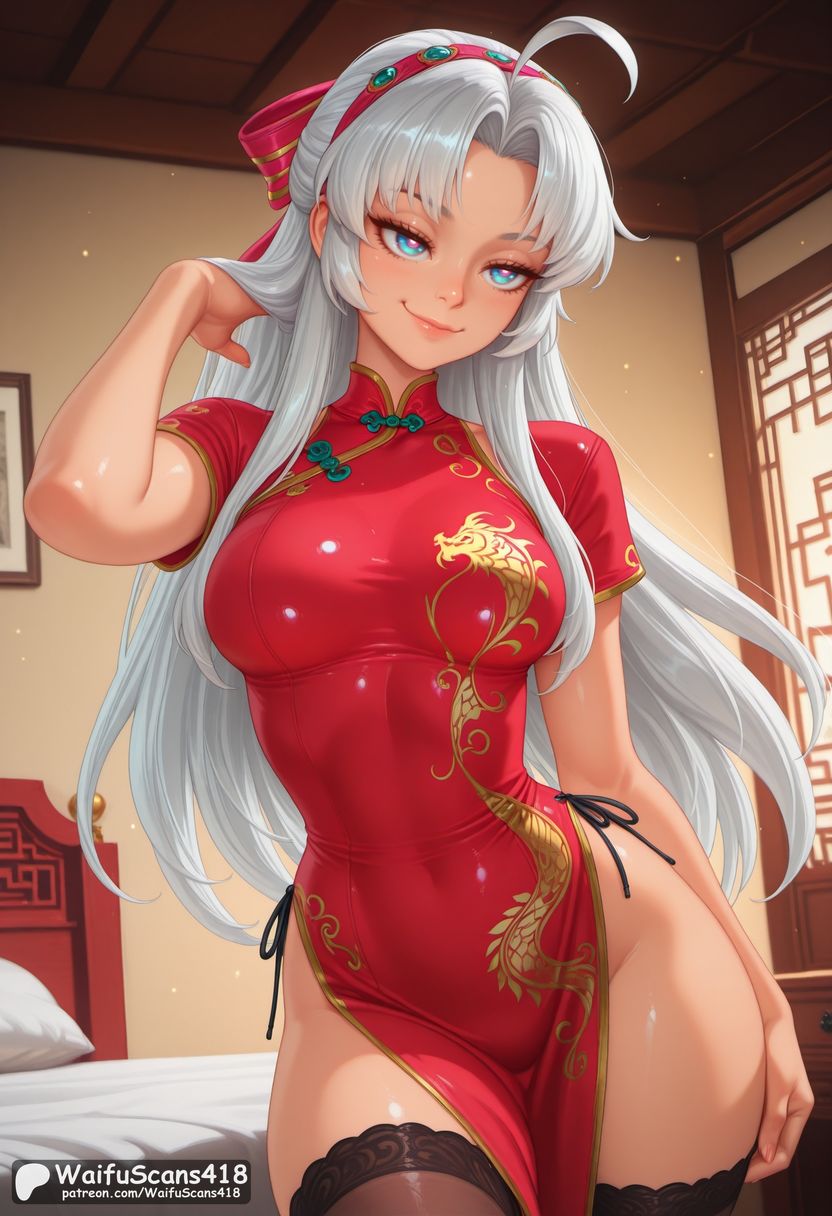 ahoge, ai generated, bangs, black thighhighs, blue eyes, bow, breasts, carlotta (wuthering waves), china dress, chinese clothes, closed mouth, covered navel, cowboy shot, dress, female, hairband, hairbow, high resolution, highres, indoors, large breasts, long hair, medium breasts, panties, parted bangs, patreon username, pelvic curtain, pillow, red bow, red dress, red hairband, short sleeves, side-tie panties, smile, solo, stable diffusion, thighhighs, underwear, waifuscans418, watermark, white hair, wuthering waves