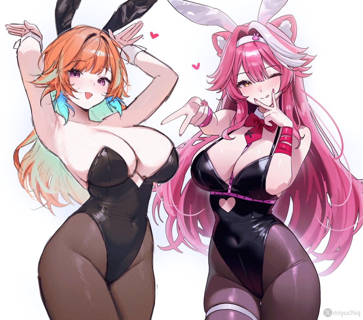 ;q, 2girls, animal ear hairband, animal ears, arms up, bare shoulders, black leotard, breasts, brown pantyhose, cat ears, cat girl, cleavage, clothing cutout, covered navel, fake animal ears, female, hairband, heart cutout, hololive, hololive english, hololive english -justice-, hololive myth, large breasts, leotard, miyuchiq, multiple females, multiple girls, one eye closed, orange hair, pantyhose, pink hair, pink nails, playboy bunny, purple eyes, rabbit ear hairband, rabbit ears, rabbit pose, raora panthera, simple background, takanashi kiara, tongue, tongue out, v, virtual youtuber, vtuber, white background, wrist cuffs, yellow eyes, youtube, youtuber, youtuber girl, youtubers