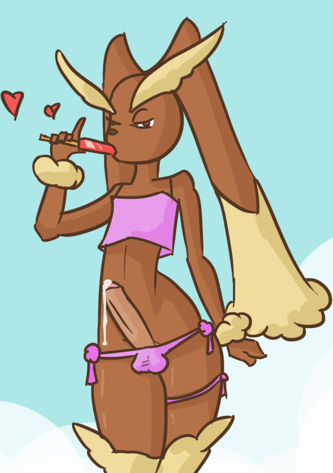 1boy anthro balls_in_panties cum heart homebro lopunny male male_lopunny male_pokemon nintendo penis pokemon pokemon_(species) popsicle solo trap video_games western_art