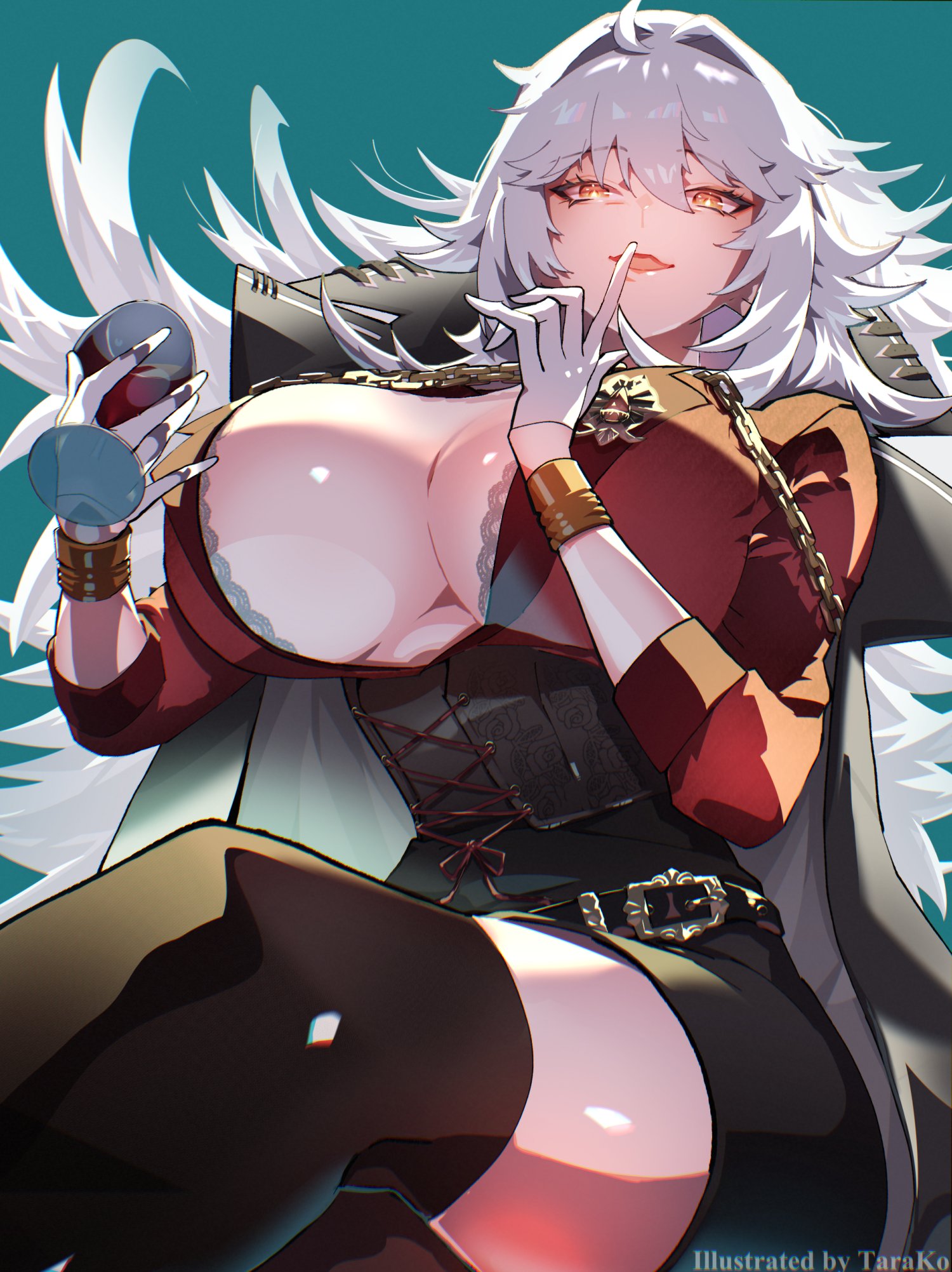 black jacket, black skirt, black thighhighs, breasts, crossed legs, cup, drinking glass, female, finger to mouth, gloves, highres, holding, holding cup, indie virtual youtuber, jacket, large breasts, looking at viewer, open mouth, red shirt, seafood tarako, shirt, skirt, solo, thighhighs, virtual youtuber, vtuber, white gloves, white hair, wine glass, yellow eyes, youtube, youtuber, youtuber girl, youtubers, zentreya, zentreya (cyborg), zentreya (cyborg) (regal)