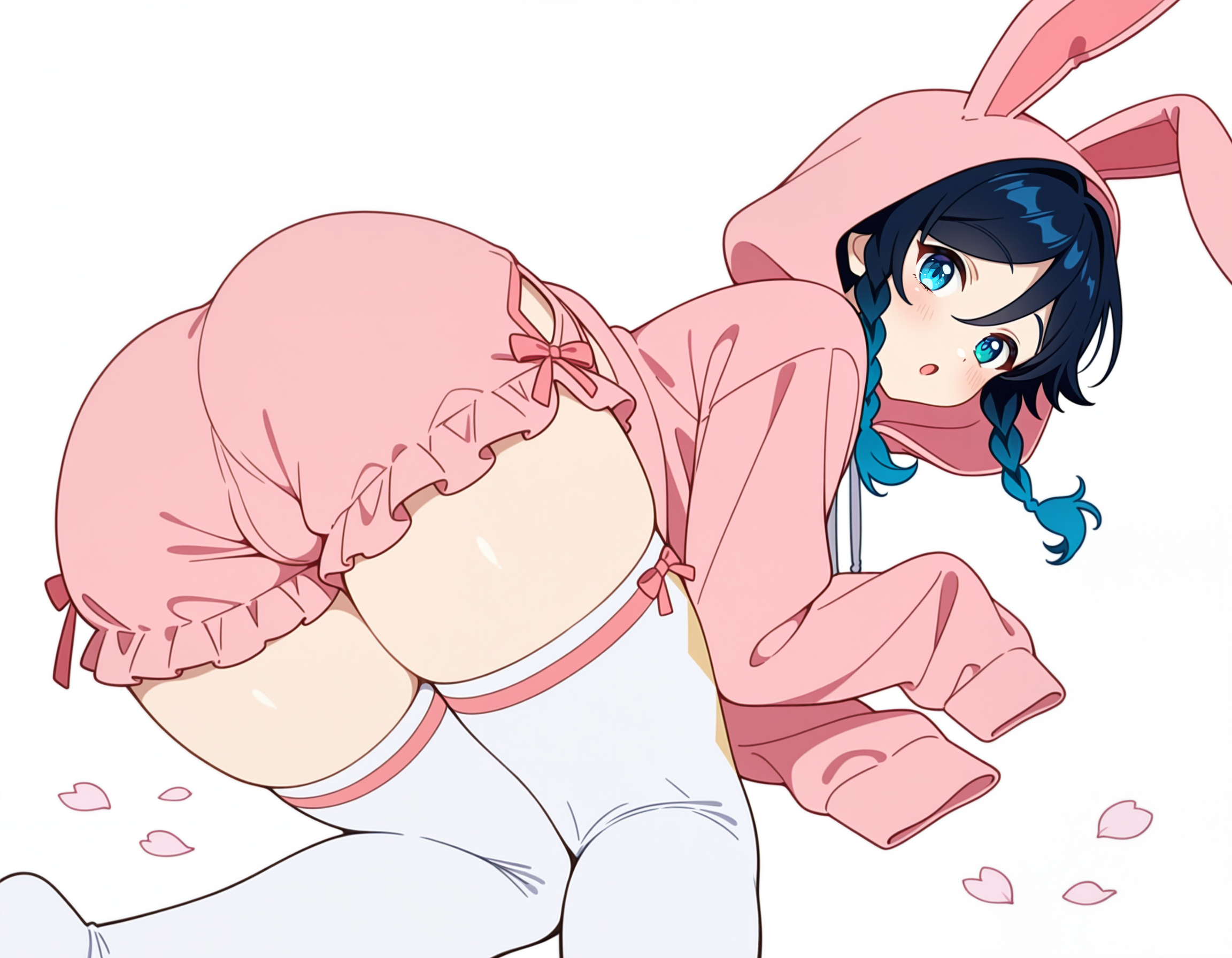 1boy, ai generated, ass, bishienyan, blue eyes, blue hair, bunny ears, femboy, feminine male, from behind, genshin impact, girly, light-skinned male, male, male only, pajama pants, pajamas, petals, pink pajamas, pink sweater, presenting ass, ribbon, solo, sweater, thighhighs, trap, twintails, venti (genshin impact), white background