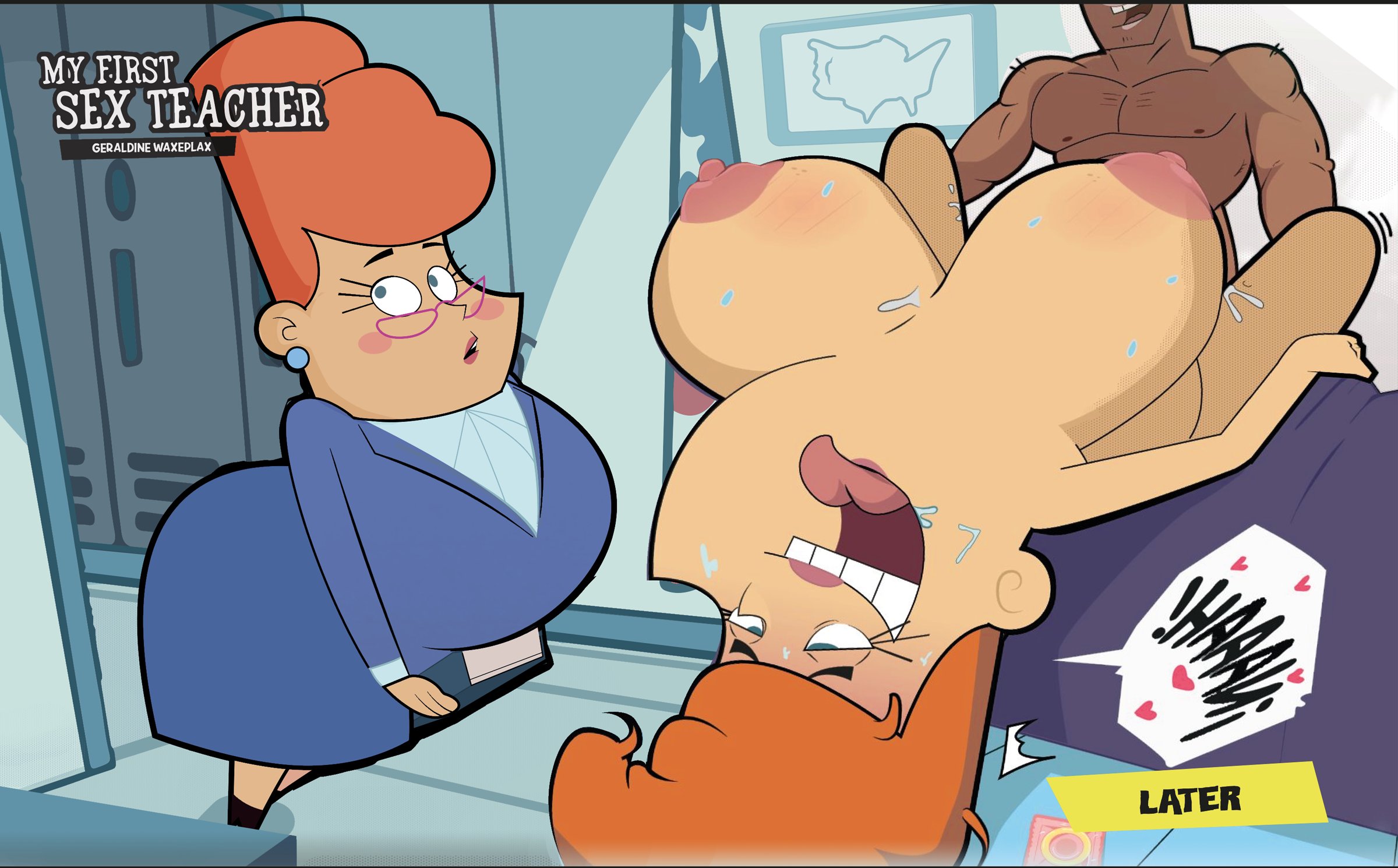 1boy, 1girl, 1girls, ahegao, bed, blue eyes, blush, blush stickers, book, breasts, completely nude, condom wrapper, dark skin, dark-skinned male, dress, earrings, english text, fat, female, fucked silly, geraldine waxelplax, glasses, gosgoz, head back, hetero, holding, huge breasts, indoors, interracial, jewelry, large breasts, long hair, looking pleasured, lying, male, manly, mature female, missionary, muscular, muscular male, netorare, nipples, nude, on back, open mouth, orange hair, orgasm, principal waxelplax, sex, squiggle, sweat, teeth, the fairly oddparents, tongue, tongue out