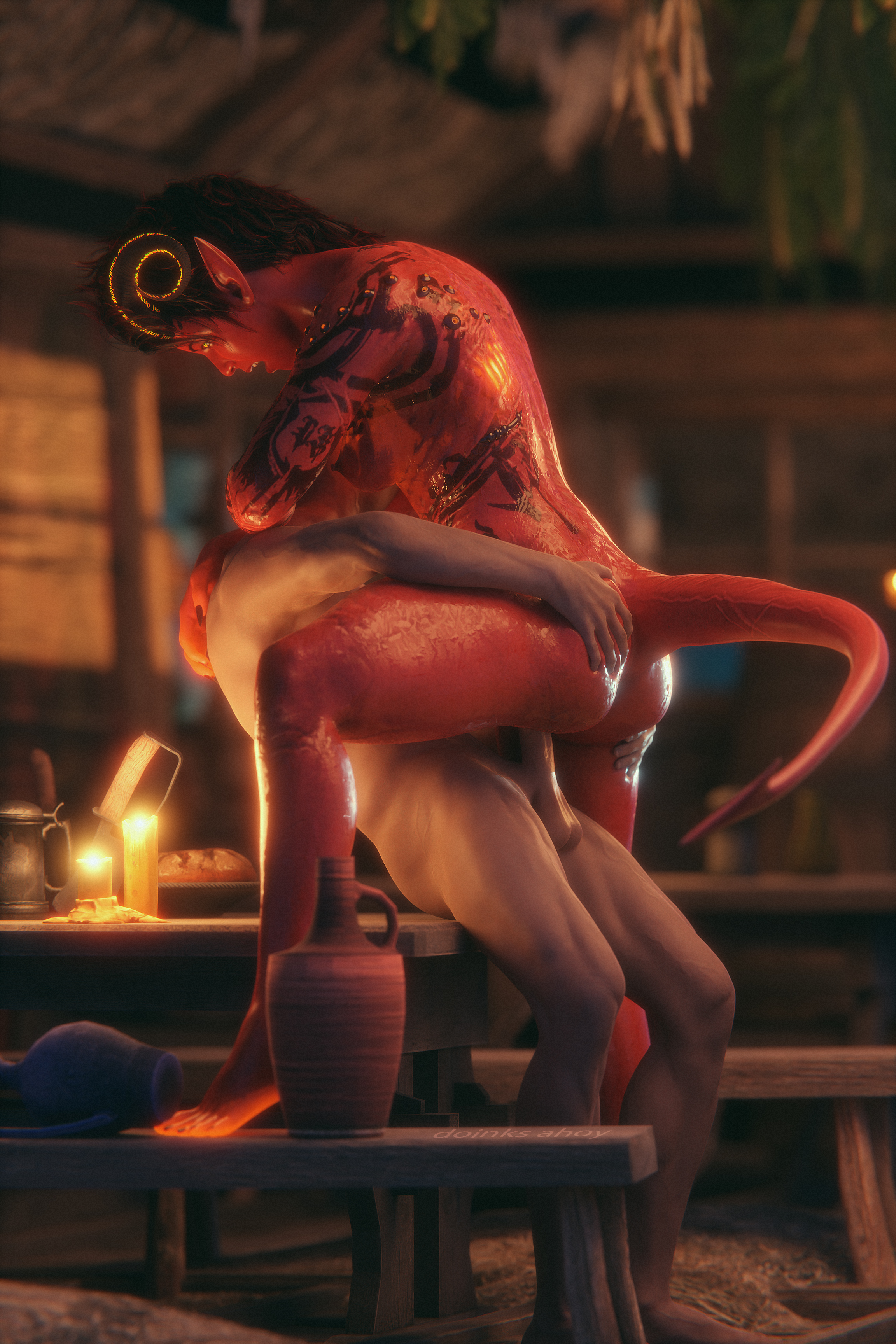 1boy, 1girls, 3d, 3d (artwork), ass, baldur's gate 3, blender, breasts, doinks-ahoy, female, grabbing ass, horns, karlach, larger female, male, nipples, nude, on table, one leg up, penis, pussy, red skin, riding, sex, size difference, tail, tiefling, vaginal penetration, vaginal sex