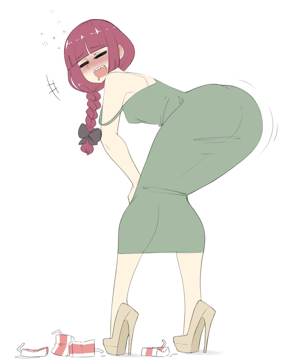 1girls, ass, ass in dress, ass shake, bent forward, big ass, blush, blush lines, bocchi the rock!, braid, braided hair, closed eyes, dress, drunk, drunk female, female, female only, footwear, full body, green dress, hair, hair ribbon, hands on knees, heels, high heels, hiroi kikuri, legs, looking back, motion lines, open mouth, platform heels, red hair, ribbon, sealguy, smile, solo, solo female, thighs