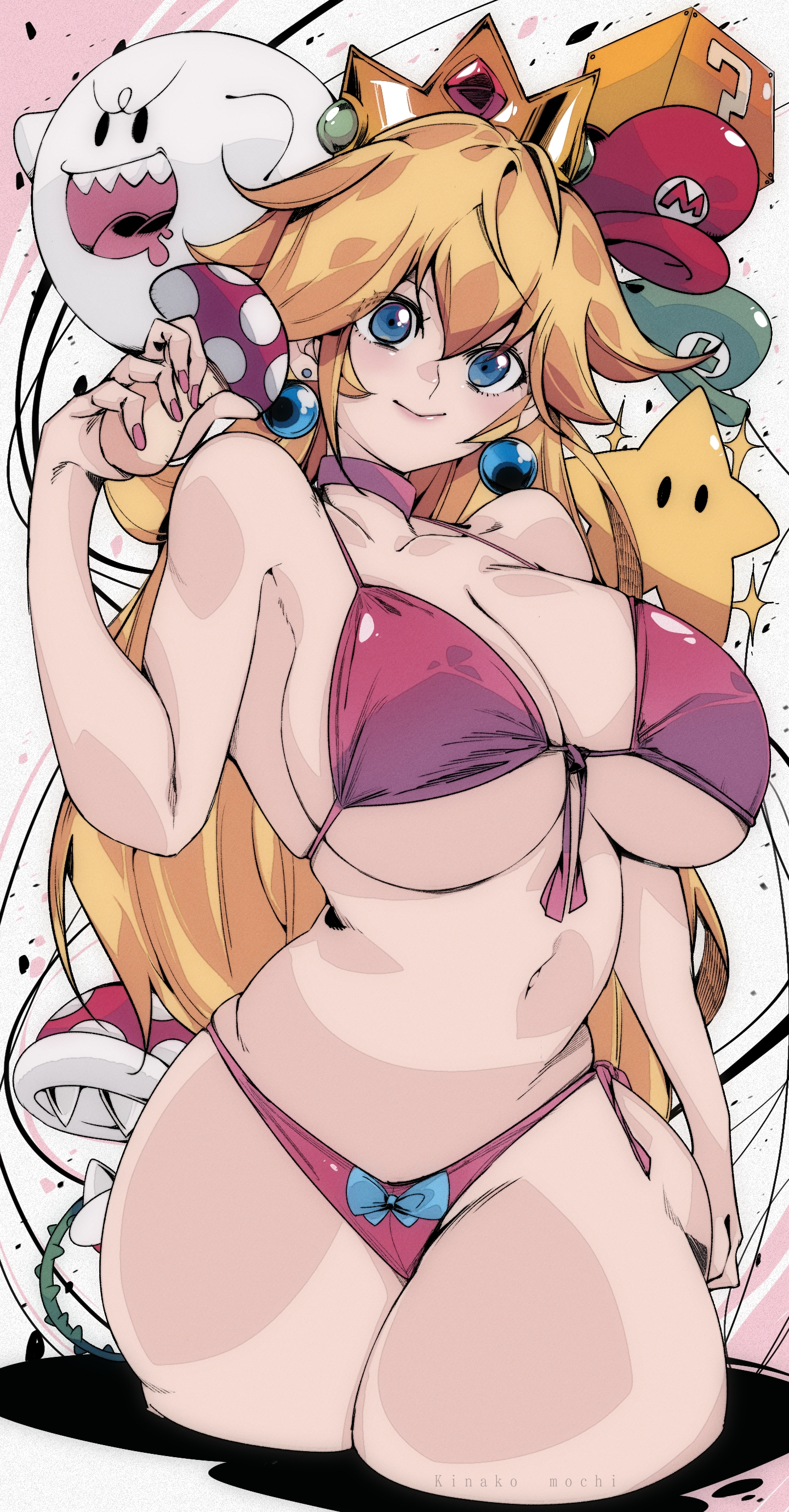 ? block, 1girls, absurdres, big breasts, bikini, blonde hair, blue eyes, boo (mario), breasts, busty, child bearing hips, cowboy shot, crown, curvy, earrings, female, front-tie bikini top, front-tie top, hat, highres, holding, holding mushroom, jewelry, kinakomochi (user vedc2333), large breasts, long hair, looking at viewer, mario (series), mushroom, navel, nintendo, omochi db, pink bikini, piranha plant, princess peach, sensual, sexy, sphere earrings, super mario bros., super mushroom, super star (mario), swimsuit, thick thighs, thighs, thong bikini, unworn hat, unworn headwear, voluptuous