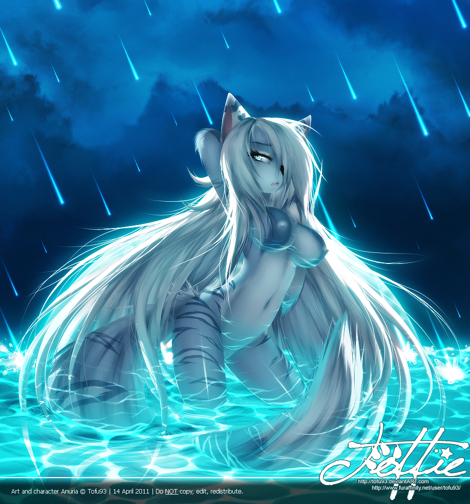 1girls animal_ears anthro big_breasts breasts dark_sky feline female female_only fur furry hair_over_one_eye nude on_knees outside shooting_star solo stripes tagme tofu93 very_long_hair water wet white_hair