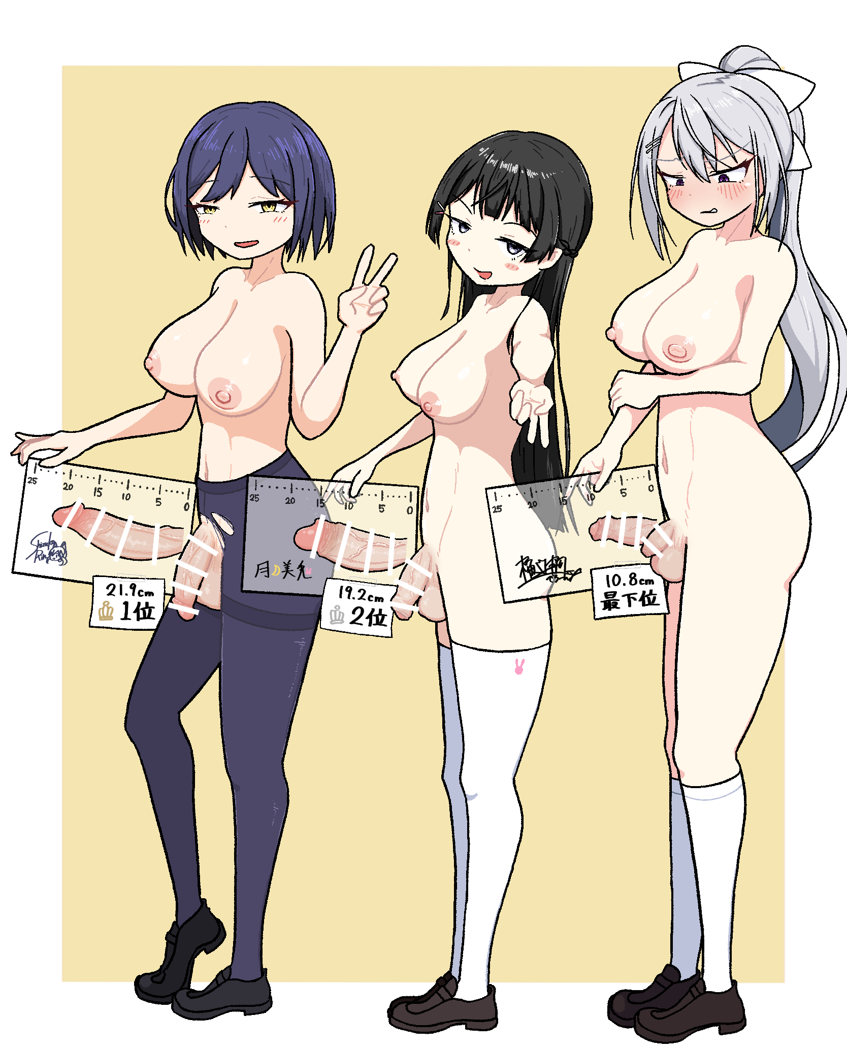 3futas, balls, big breasts, big penis, black hair, blue hair, blush, breasts, censored, dickgirl, erect penis, flaccid penis, foreskin, futanari, getting erect, grey hair, hair ribbon, higuchi kaede, intersex, large breasts, long hair, long socks, measurements, medium breasts, nagato longgate, nijisanji, pantyhose, penis, penis size comparison, penis size difference, ponytail, shizuka rin, shoes, shy, sign, small penis, smug face, text, thighhighs, torn clothes, tsukino mito, uncircumcised, virtual youtuber, vtuber
