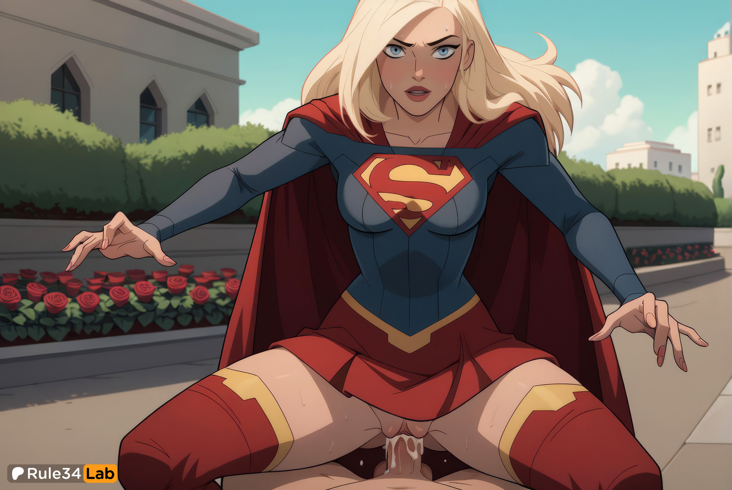 1boy, 1boy1girl, 1girls, ai generated, artist name, blonde hair, blue eyes, blush, breasts, bush, cape, clothed female nude male, clothed sex, collarbone, cowgirl position, cum, cum in pussy, day, dc, dc comics, female, flower, hi res, kara danvers, kara zor-el, legion of superheroes, long hair, looking at viewer, male, medium breasts, miniskirt, no panties, nude, outdoors, penis, pleated skirt, pov, pussy, red cape, red flower, red skirt, rose, rule34lab, sex, skirt, sky, solo focus, spread legs, straight, supergirl, superhero, superman (series), sweat, thighhighs, tomorrowverse, uncensored, vaginal penetration, vaginal sex