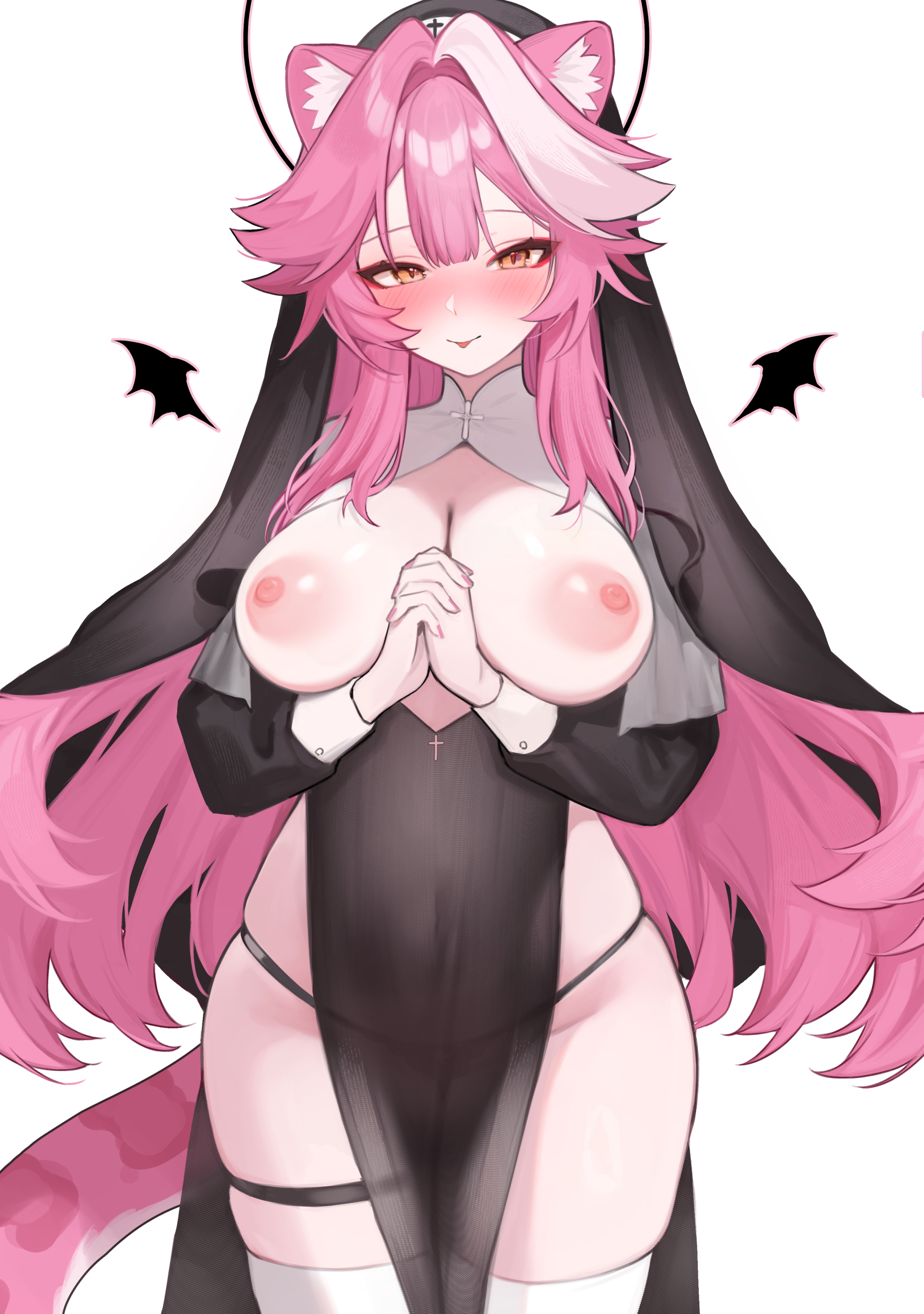 :p, absurdres, alternate costume, animal ears, black coif, black dress, blush, breastless clothes, breasts, breasts out, center-flap bangs, cleavage, commentary, cowboy shot, cross, demon wings, double-parted bangs, dress, female, guimpe, halo, highres, hololive, hololive english, hololive english -justice-, hoshi usagi, large breasts, long hair, long sleeves, looking at viewer, mini wings, multicolored hair, nipples, nun, own hands clasped, own hands together, panther ears, panther girl, panther tail, panty straps, pelvic curtain, pink hair, raora panthera, sidelocks, simple background, sleeve cuffs, solo, streaked hair, symbol-only commentary, tail, thigh strap, thighhighs, tongue, tongue out, very long hair, virtual youtuber, vtuber, white background, youtube, youtuber, youtuber girl, youtubers